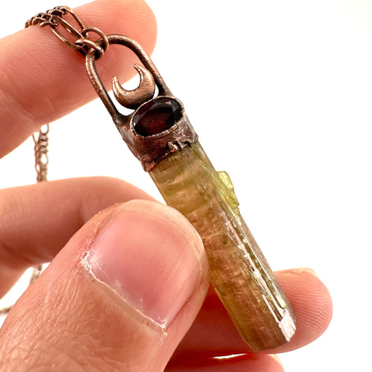 Watermelon Tourmaline & Garnet necklace, tourmaline pendant, copper necklace, crystal necklace