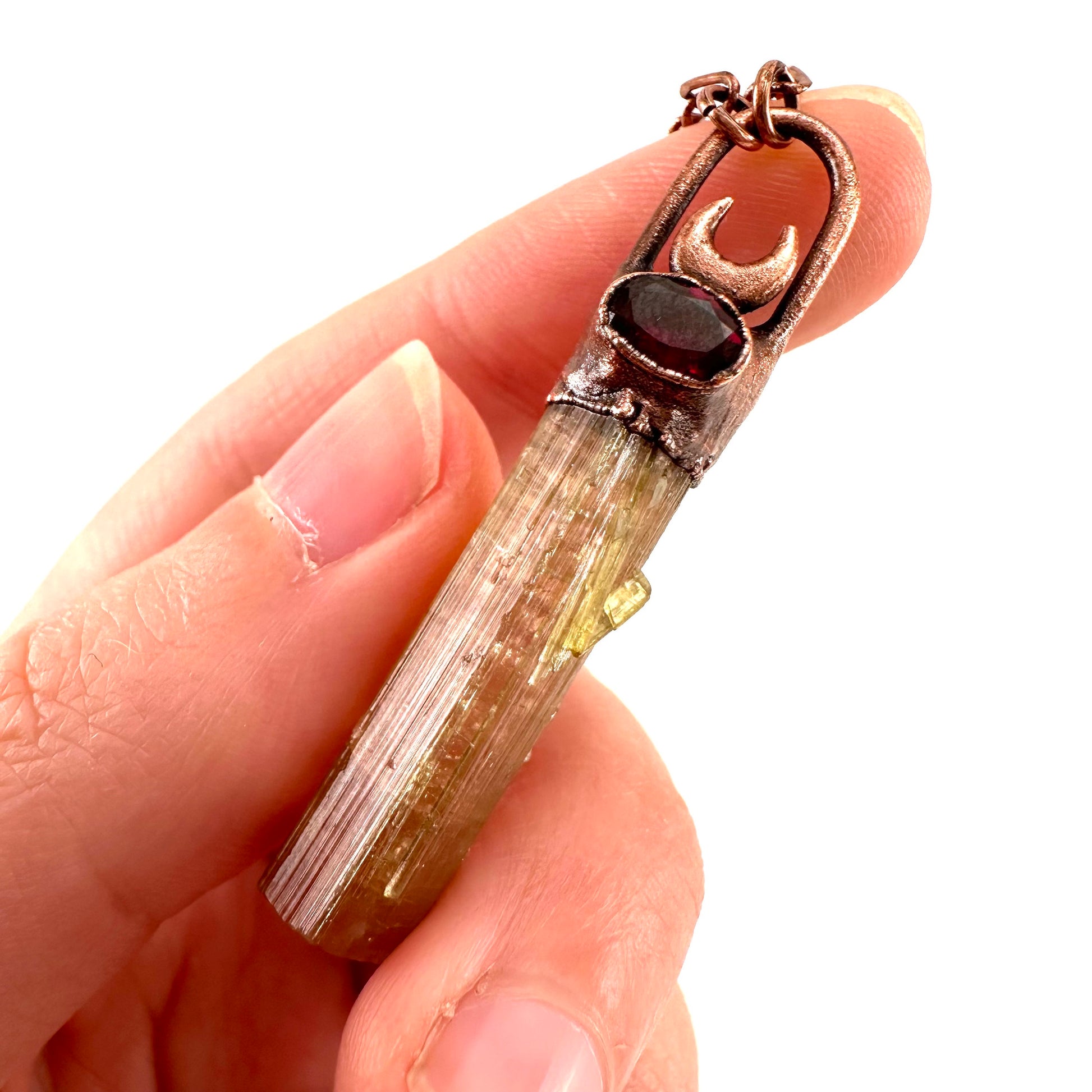 Watermelon Tourmaline & Garnet necklace, tourmaline pendant, copper necklace, crystal necklace