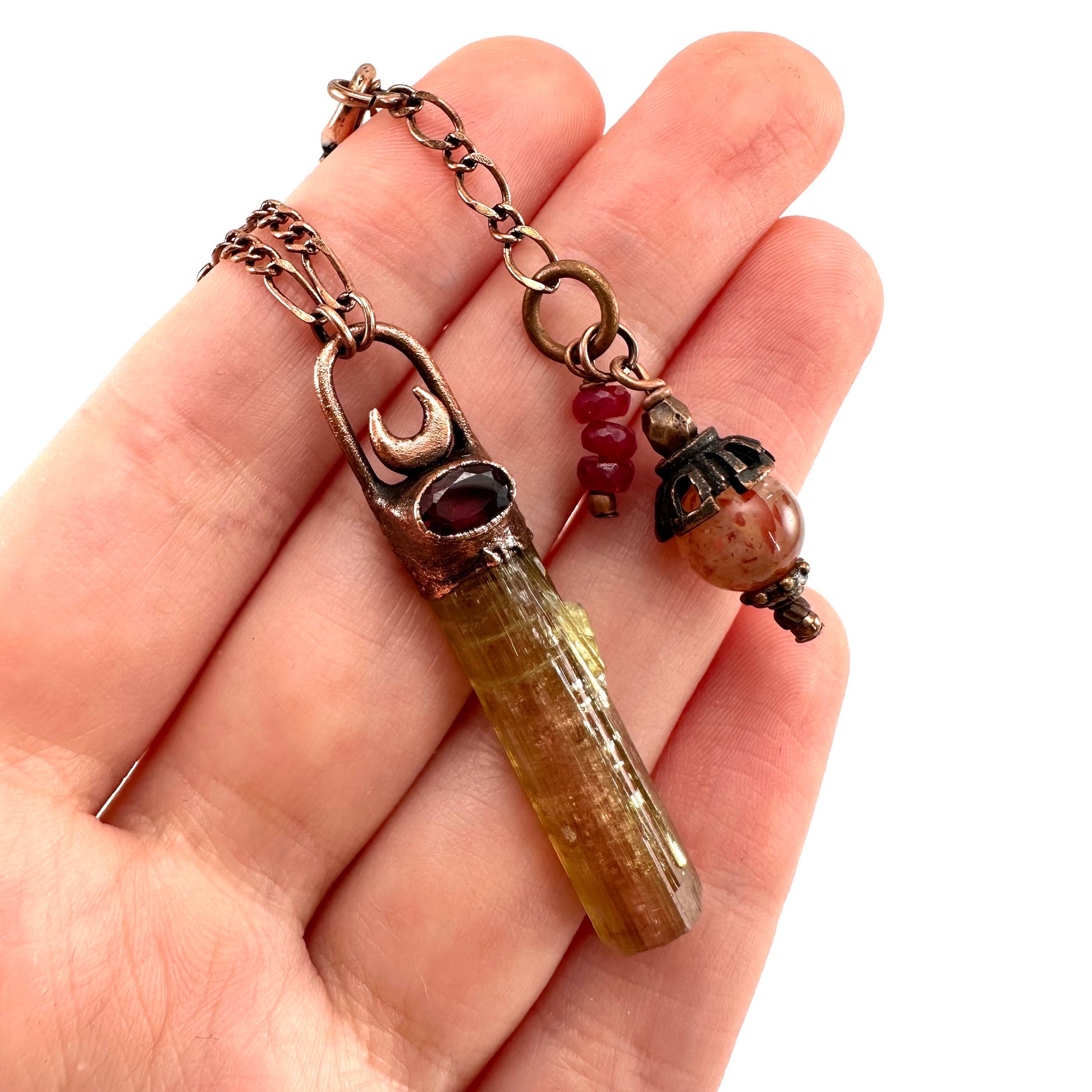Watermelon Tourmaline & Garnet necklace, tourmaline pendant, copper necklace, crystal necklace
