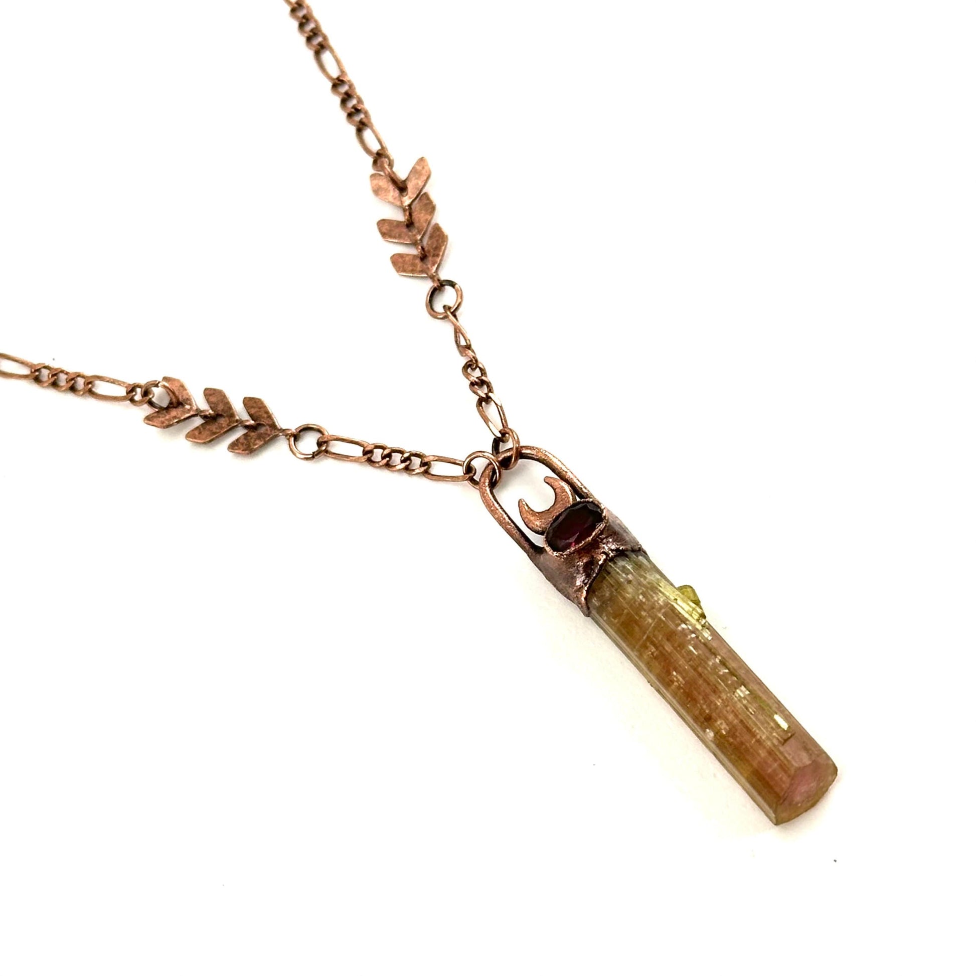 Watermelon Tourmaline & Garnet necklace, tourmaline pendant, copper necklace, crystal necklace