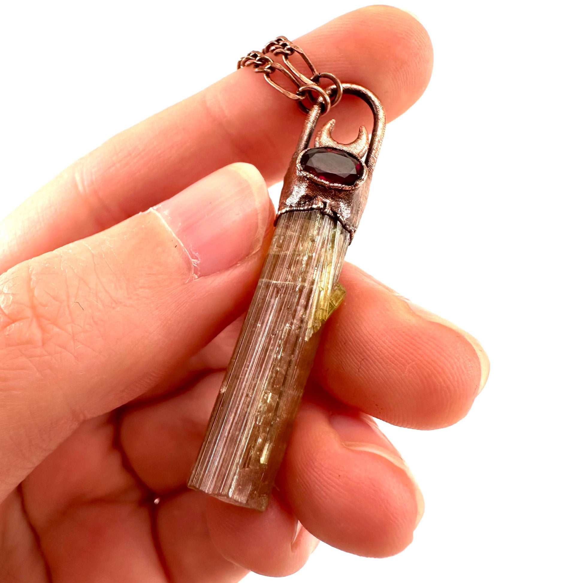 Watermelon Tourmaline & Garnet necklace, tourmaline pendant, copper necklace, crystal necklace