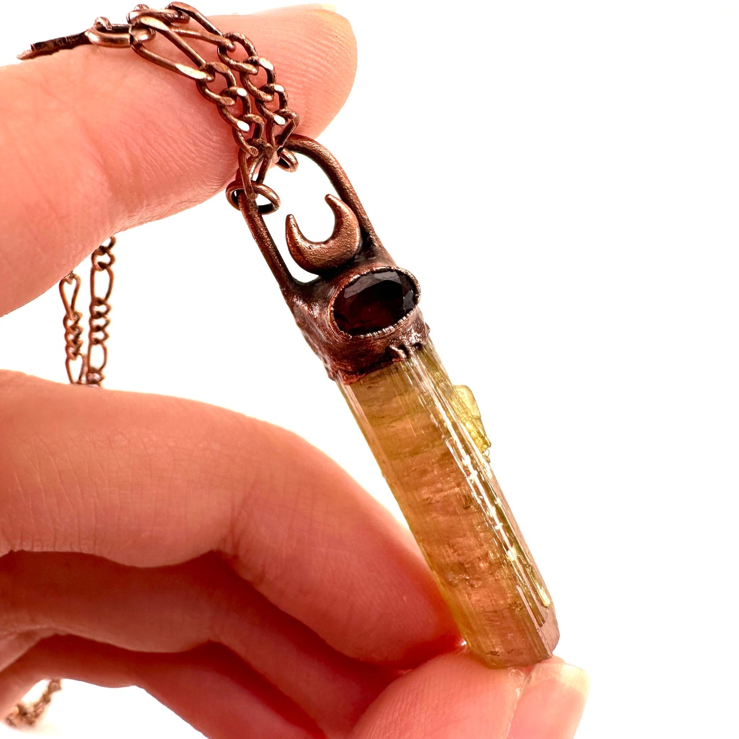 Watermelon Tourmaline & Garnet necklace, tourmaline pendant, copper necklace, crystal necklace