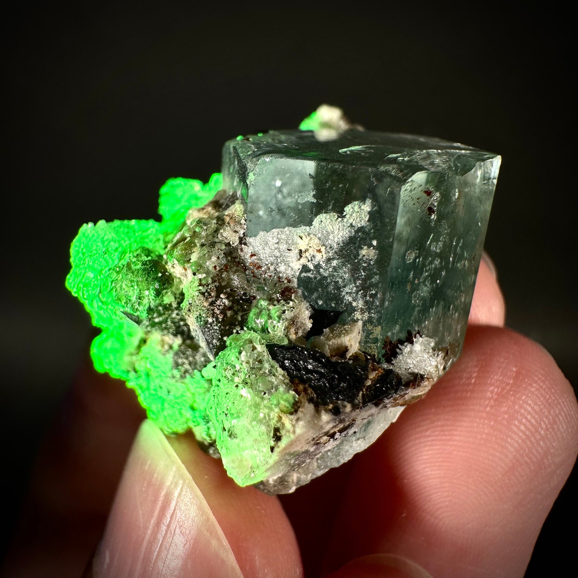 Hyalite Opal on Aquamarine (Namibia), UV reactive hyalite opal, aquamarine crystal, rare minerals, rare crystals, fluorescent crystal