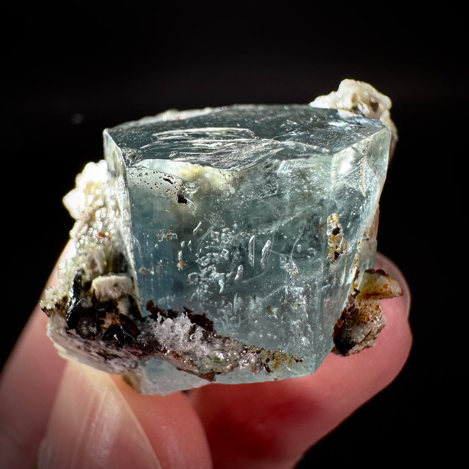 Hyalite Opal on Aquamarine (Namibia), UV reactive hyalite opal, aquamarine crystal, rare minerals, rare crystals, fluorescent crystal