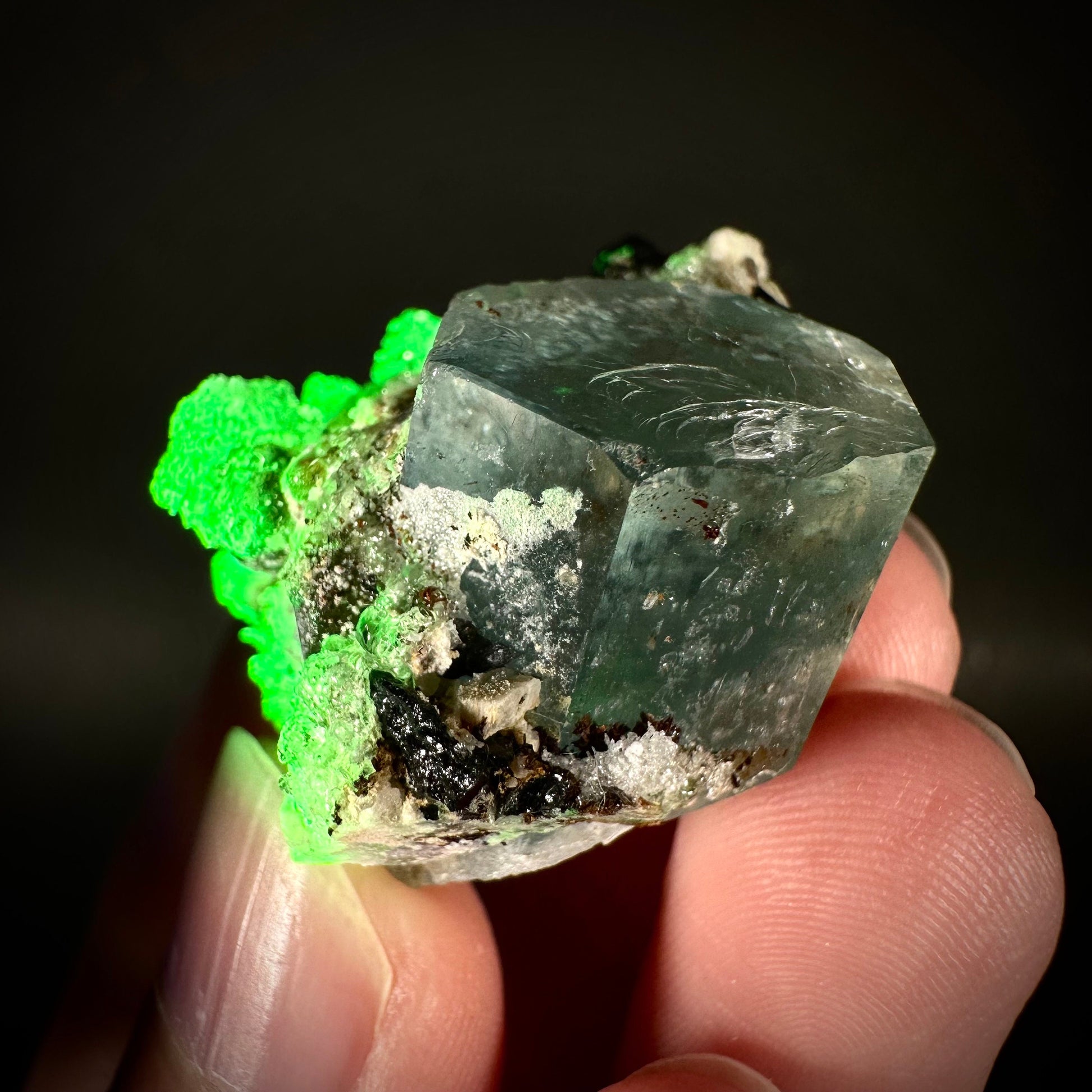Hyalite Opal on Aquamarine (Namibia), UV reactive hyalite opal, aquamarine crystal, rare minerals, rare crystals, fluorescent crystal