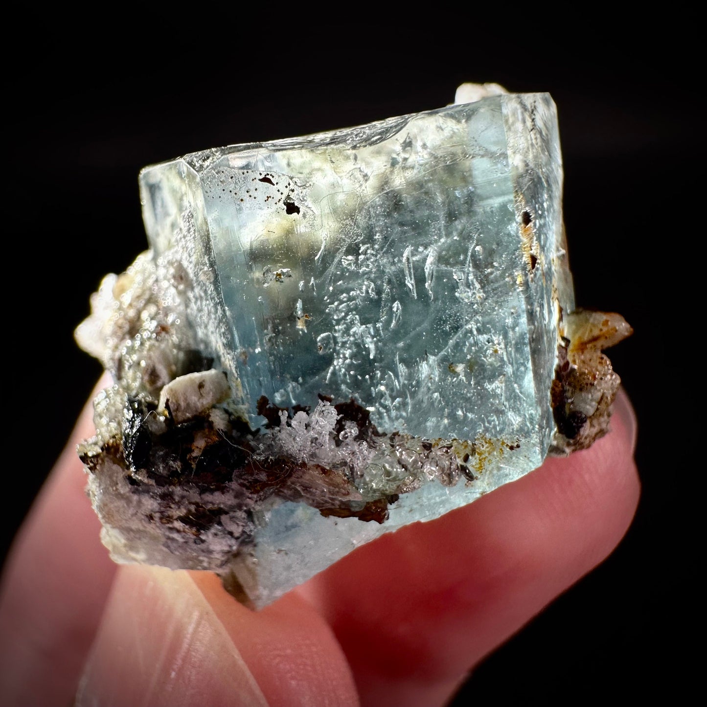 Hyalite Opal on Aquamarine (Namibia), UV reactive hyalite opal, aquamarine crystal, rare minerals, rare crystals, fluorescent crystal