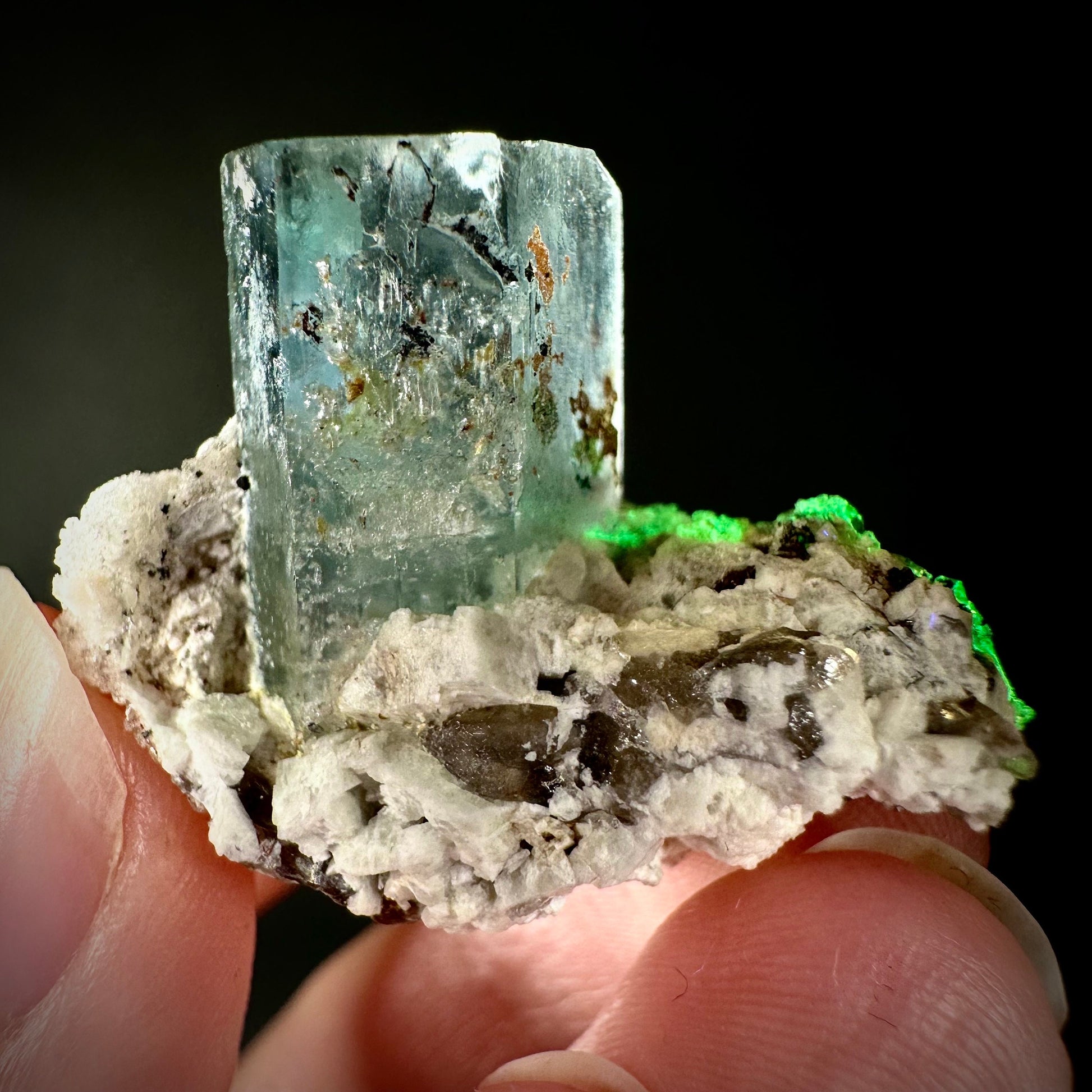 Hyalite Opal on Aquamarine (Namibia), UV reactive hyalite opal, aquamarine crystal, rare minerals, rare crystals, fluorescent crystal