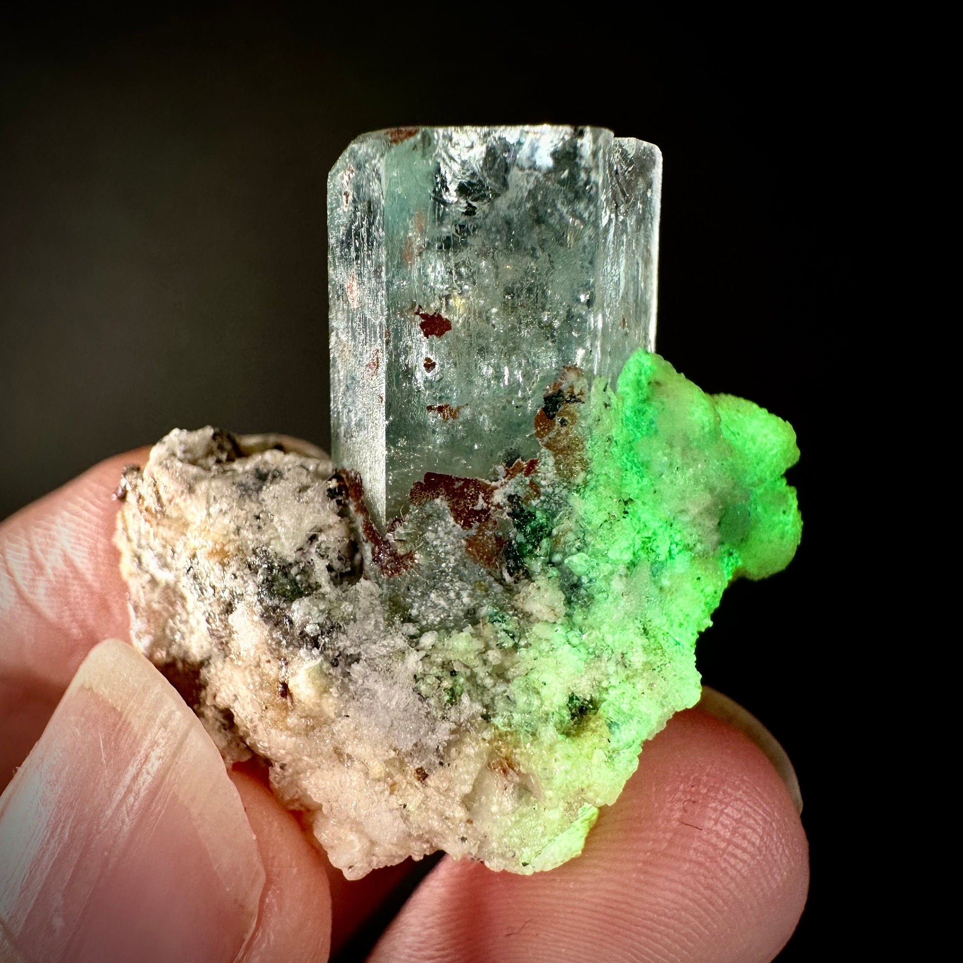 Hyalite Opal on Aquamarine (Namibia), UV reactive hyalite opal, aquamarine crystal, rare minerals, rare crystals, fluorescent crystal