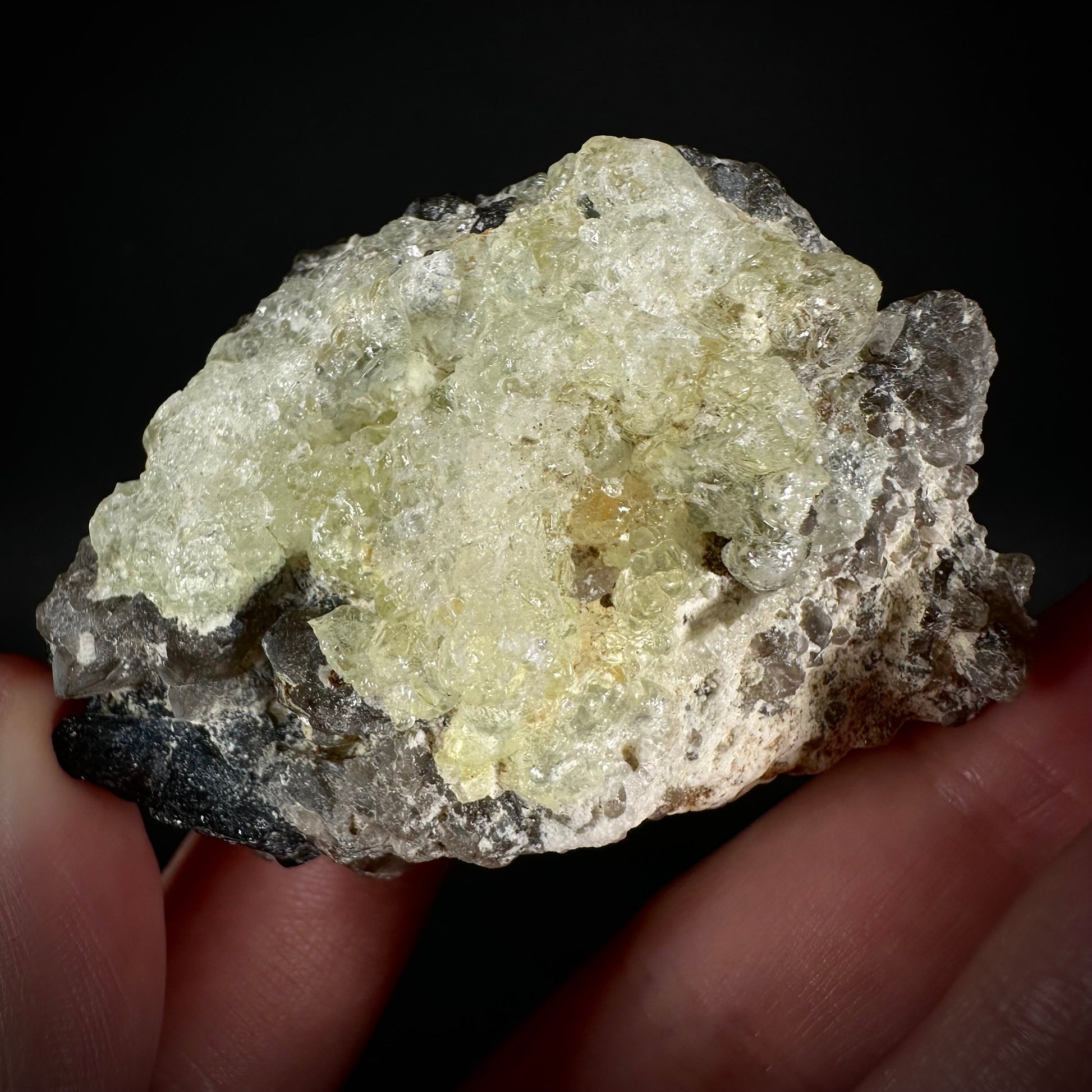 Hyalite Opal on Smoky Quartz (Namibia), UV reactive hyalite opal, smoky quartz crystal, rare minerals, rare crystals, fluorescent crystals