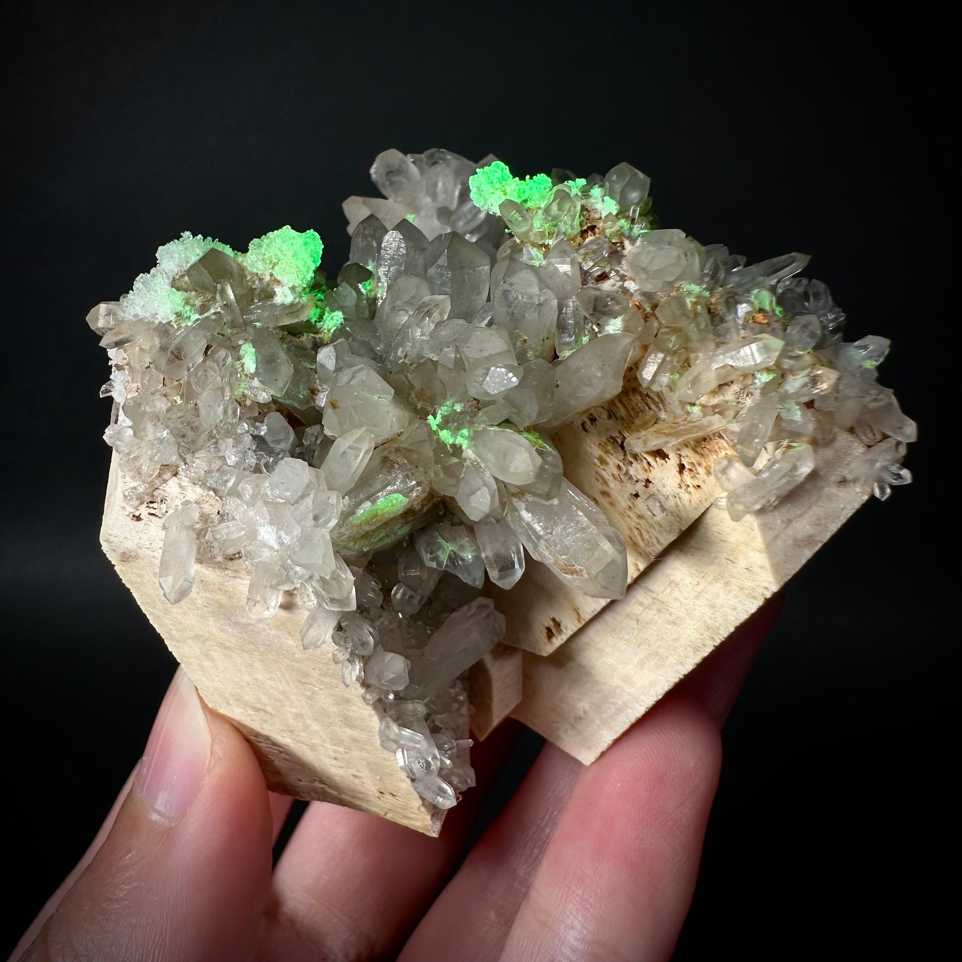 Hyalite Opal & Lattice Quartz on Feldspar (Namibia), UV reactive hyalite opal, smoky quartz crystal, rare minerals, rare crystals
