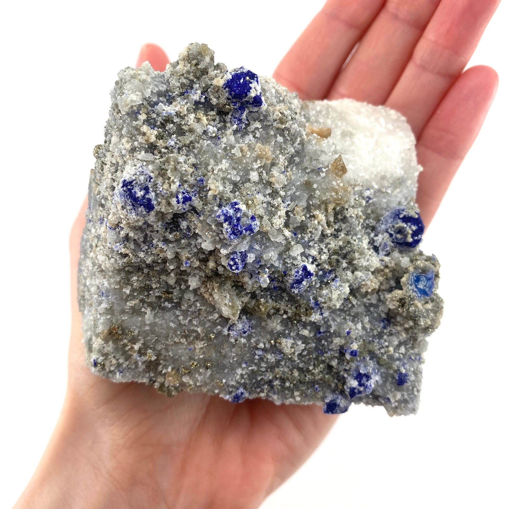 Lazurite & Pyrite on Calcite (Afghanistan), raw lazurite, lazurite crystal, mineral specimen, lapis lazuli crystal