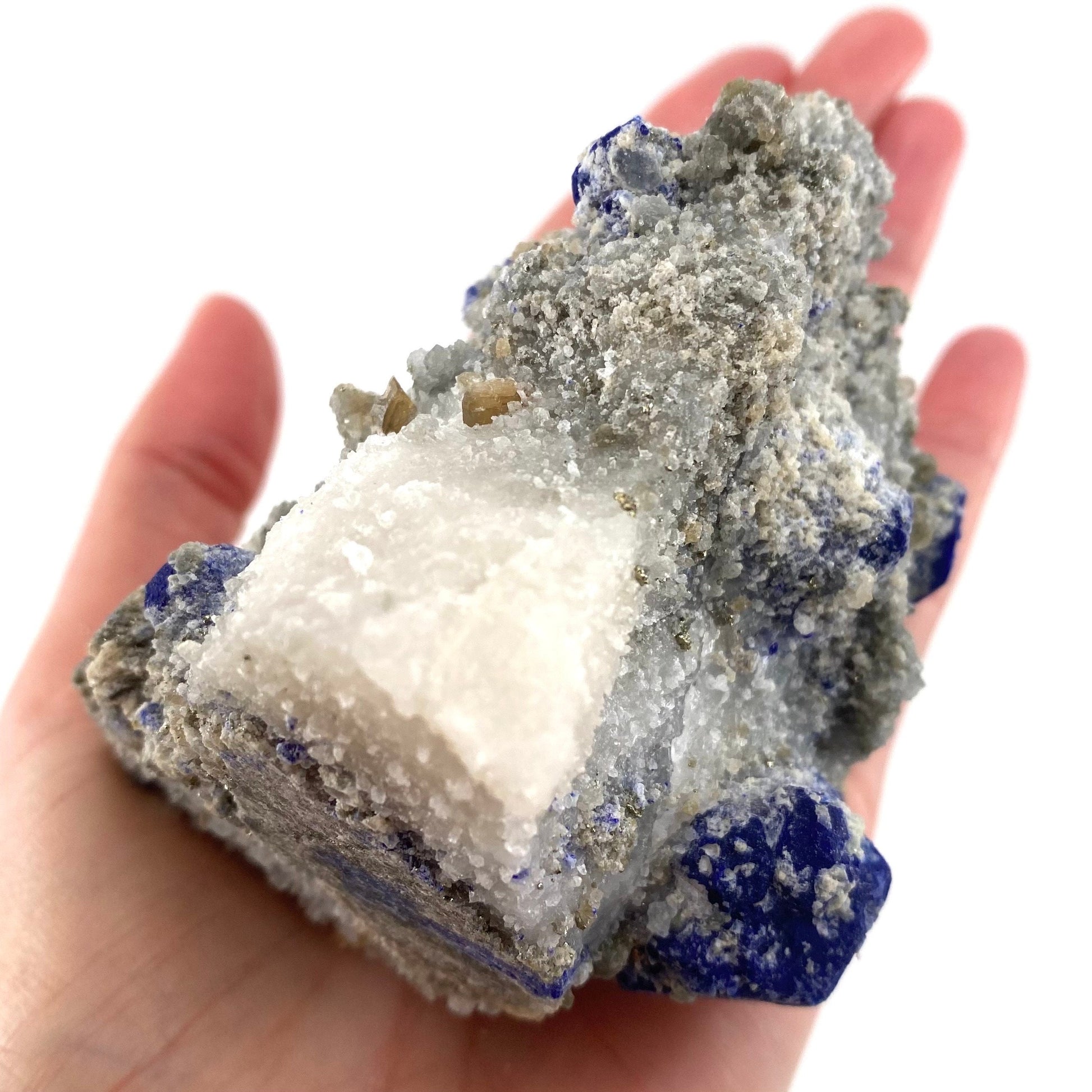 Lazurite & Pyrite on Calcite (Afghanistan), raw lazurite, lazurite crystal, mineral specimen, lapis lazuli crystal