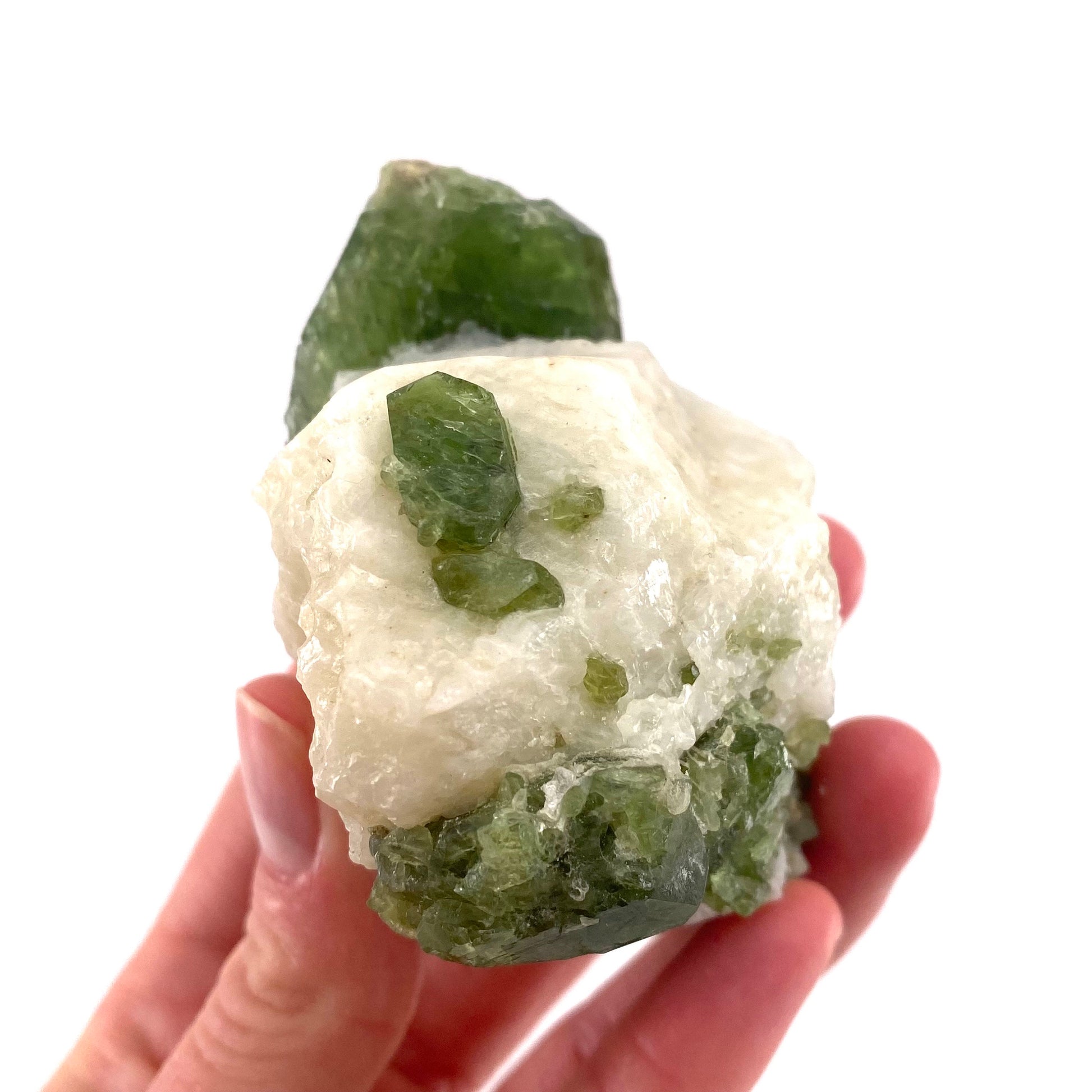 Diopside on Calcite (Afghanistan) | chrome diopside, diopside specimen, green diopside, diopside crystal, mineral specimen, crystal