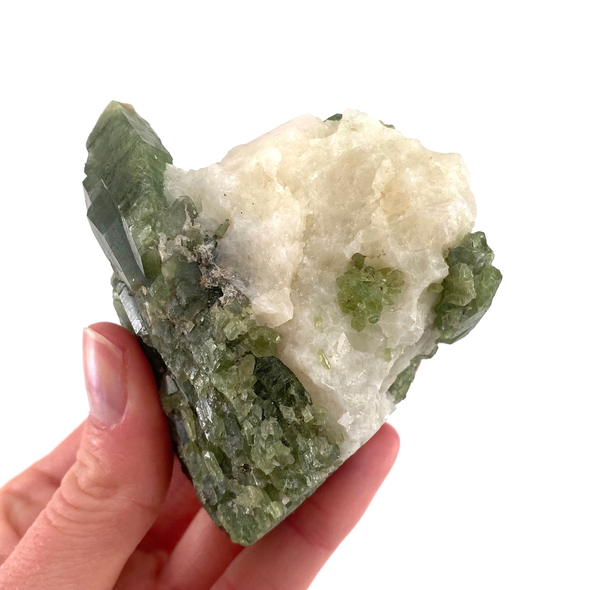 Diopside on Calcite (Afghanistan) | chrome diopside, diopside specimen, green diopside, diopside crystal, mineral specimen, crystal