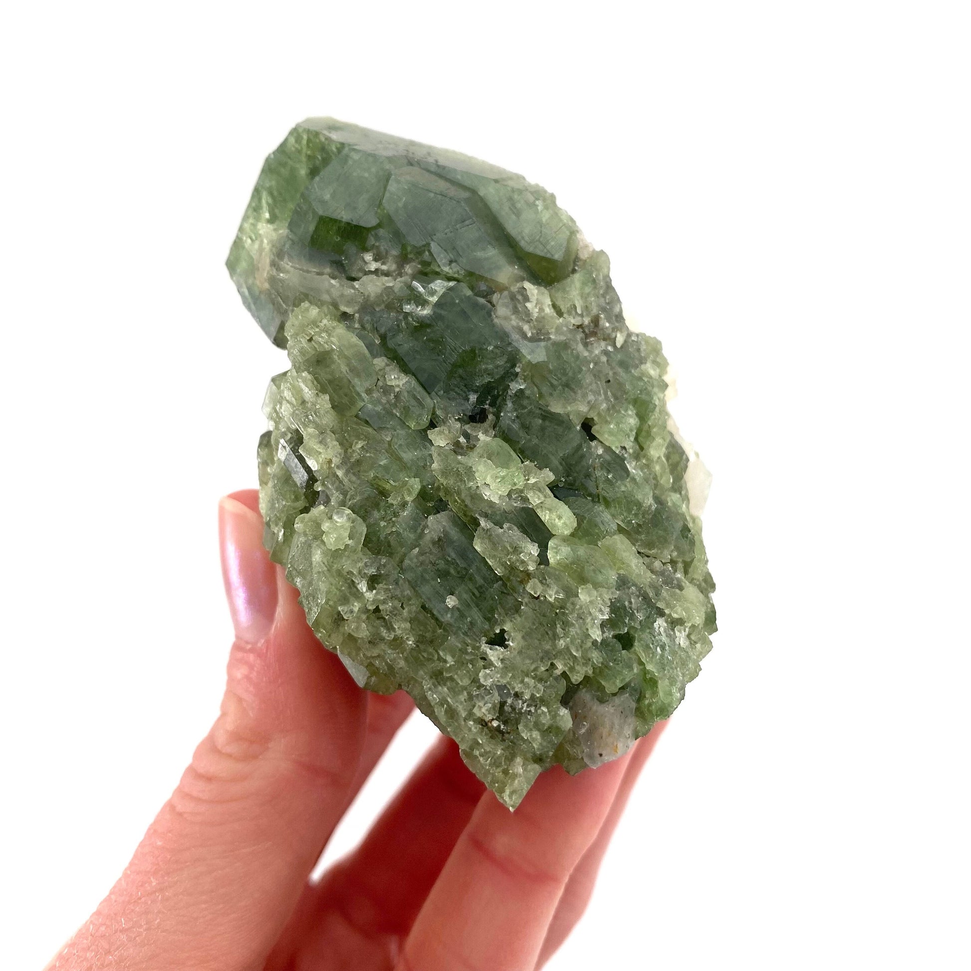 Diopside on Calcite (Afghanistan) | chrome diopside, diopside specimen, green diopside, diopside crystal, mineral specimen, crystal
