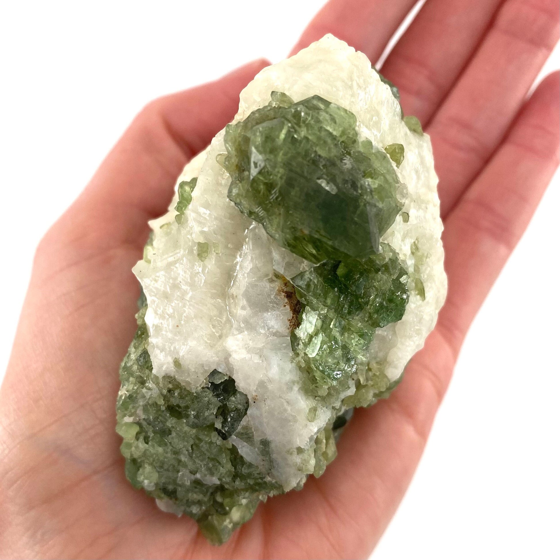 Diopside on Calcite (Afghanistan) | chrome diopside, diopside specimen, green diopside, diopside crystal, mineral specimen, crystal