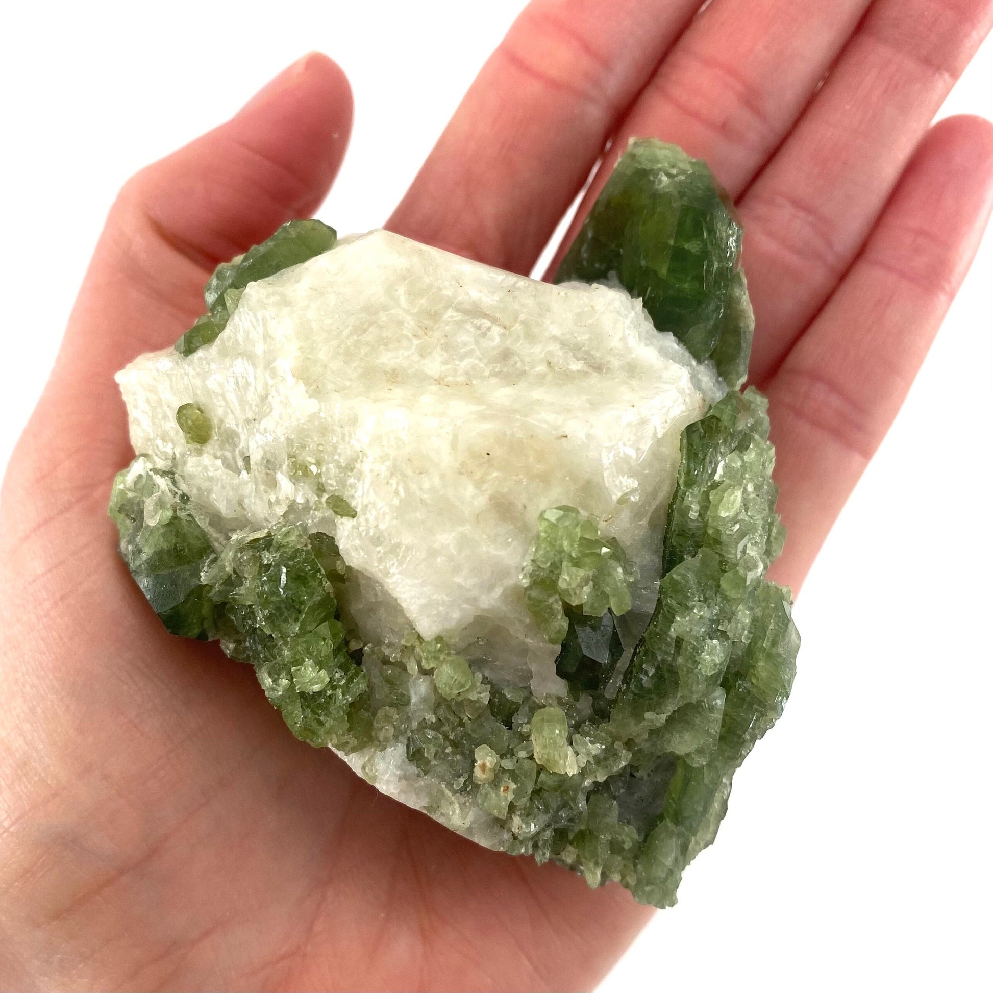 Diopside on Calcite (Afghanistan) | chrome diopside, diopside specimen, green diopside, diopside crystal, mineral specimen, crystal