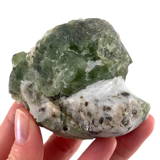 Diopside on Calcite (Afghanistan) | chrome diopside, diopside specimen, green diopside, diopside crystal, mineral specimen, crystal