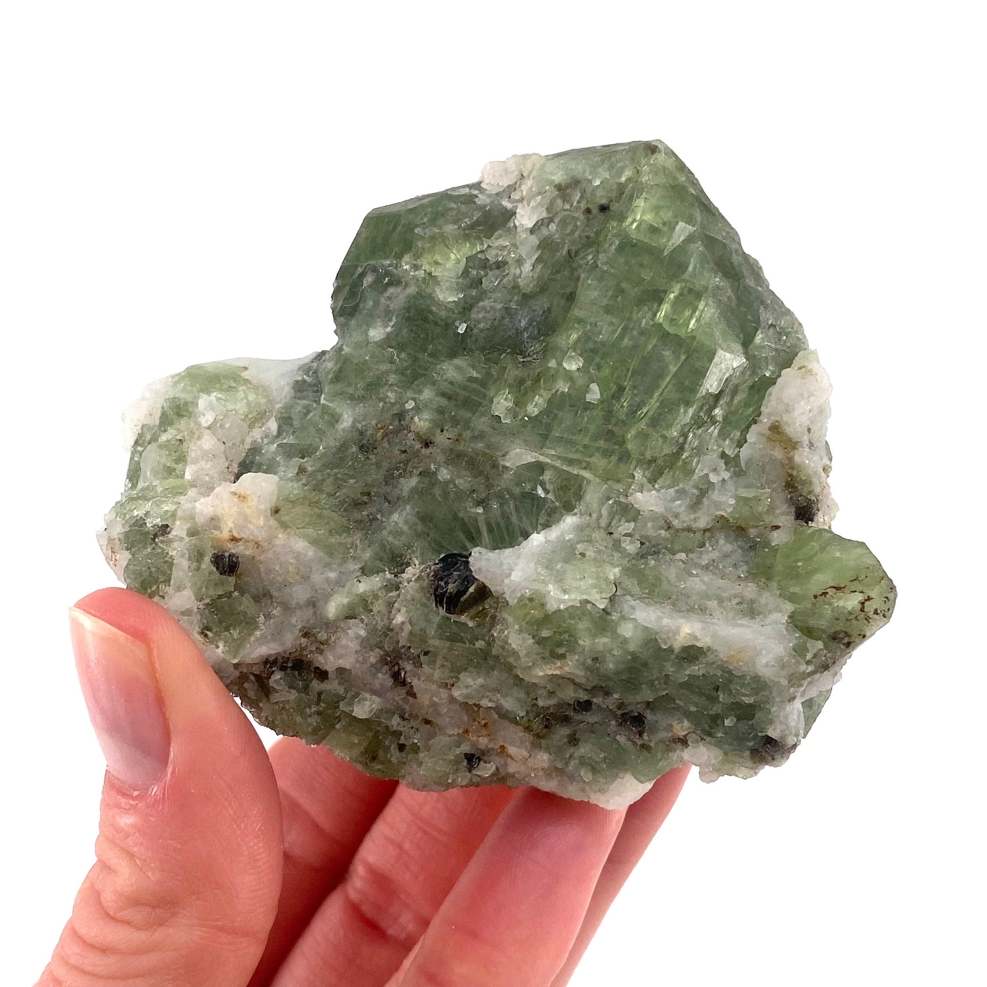 Diopside on Calcite (Afghanistan) | chrome diopside, diopside specimen, green diopside, diopside crystal, mineral specimen, crystal