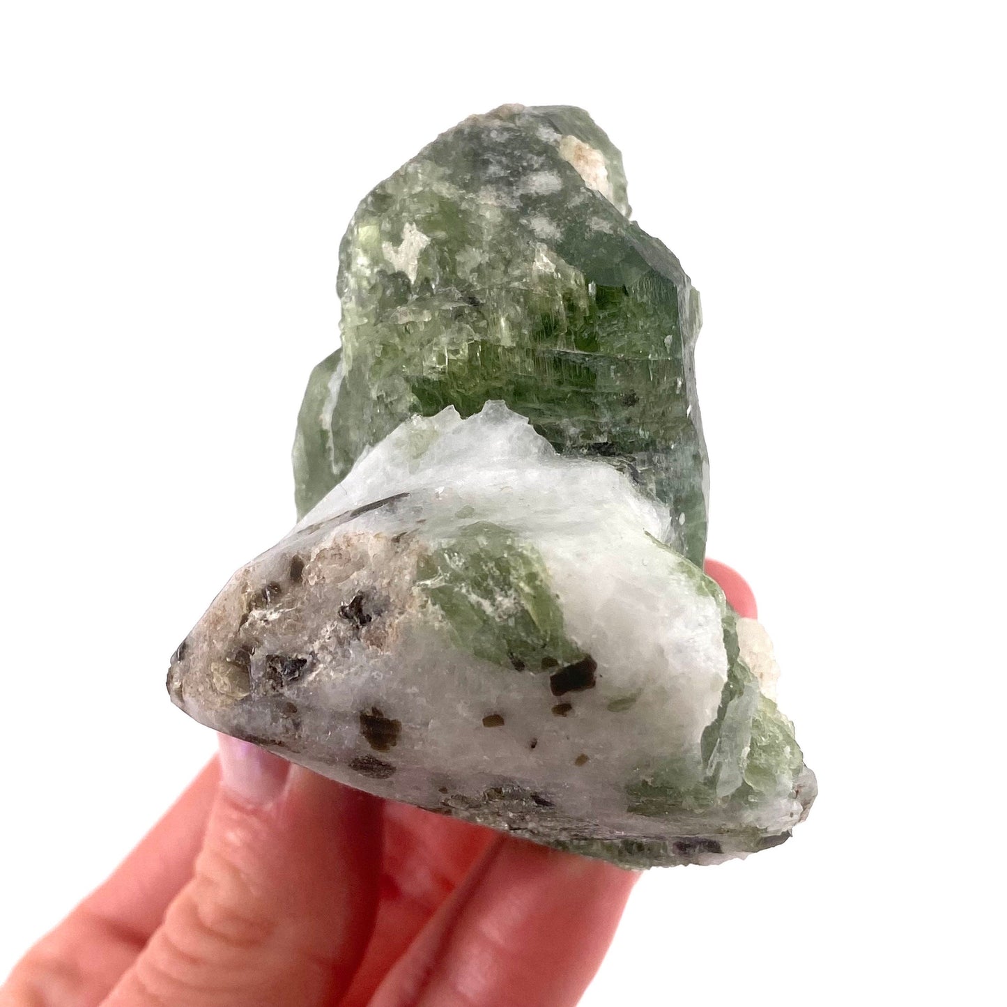 Diopside on Calcite (Afghanistan) | chrome diopside, diopside specimen, green diopside, diopside crystal, mineral specimen, crystal