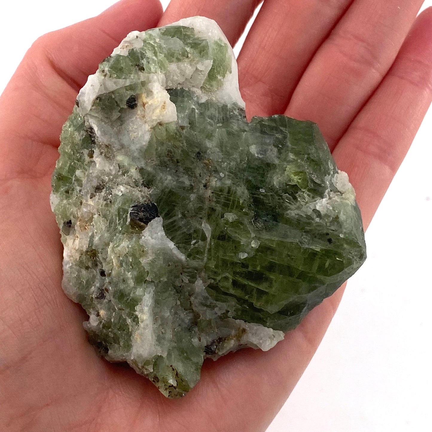 Diopside on Calcite (Afghanistan) | chrome diopside, diopside specimen, green diopside, diopside crystal, mineral specimen, crystal