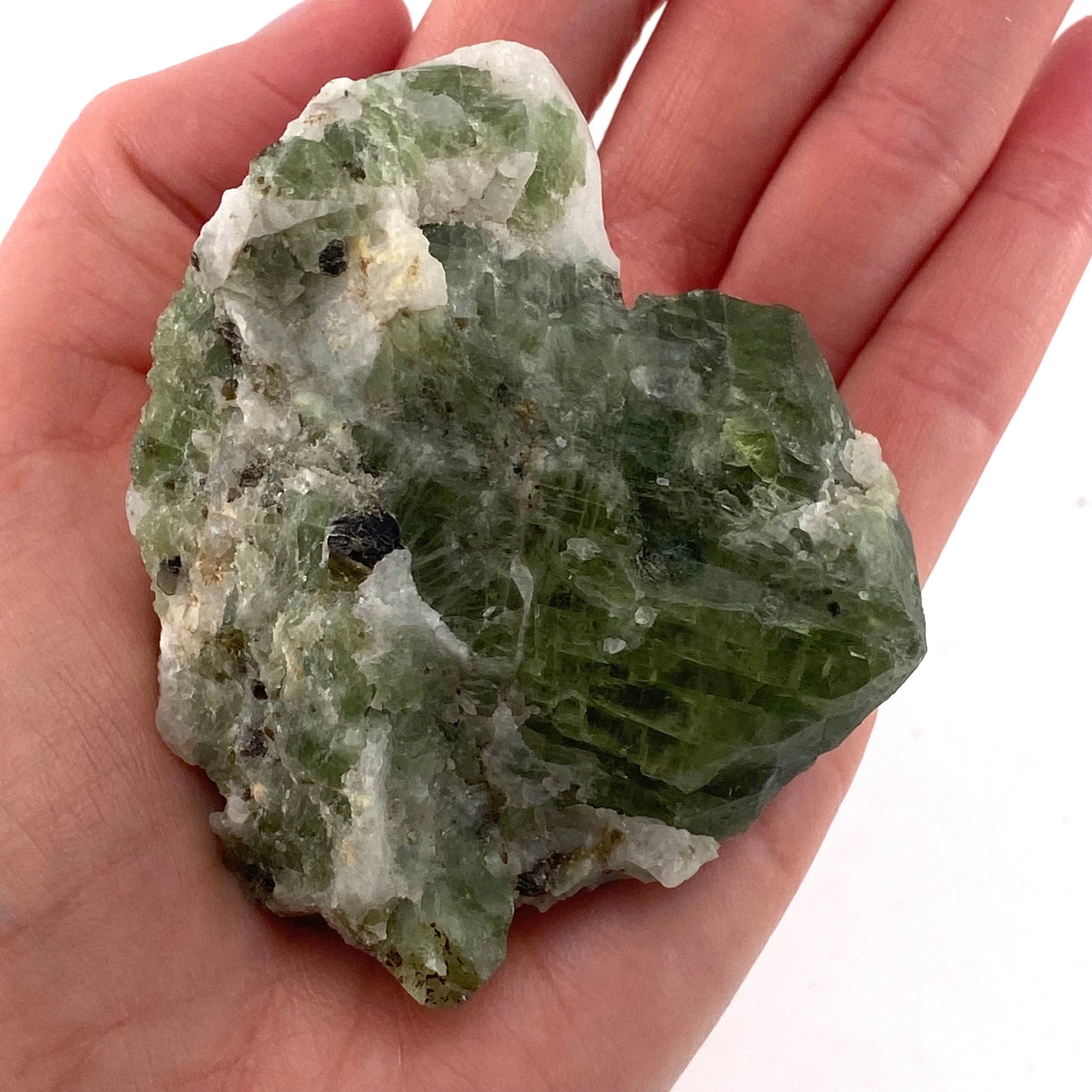 Diopside on Calcite (Afghanistan) | chrome diopside, diopside specimen, green diopside, diopside crystal, mineral specimen, crystal