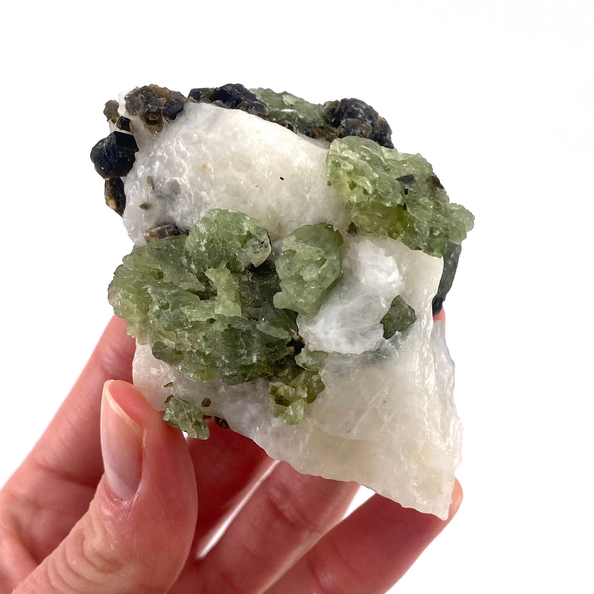 Diopside & Black Mica on Calcite (Afghanistan) | chrome diopside, diopside specimen, green diopside, diopside crystal, mineral specimen