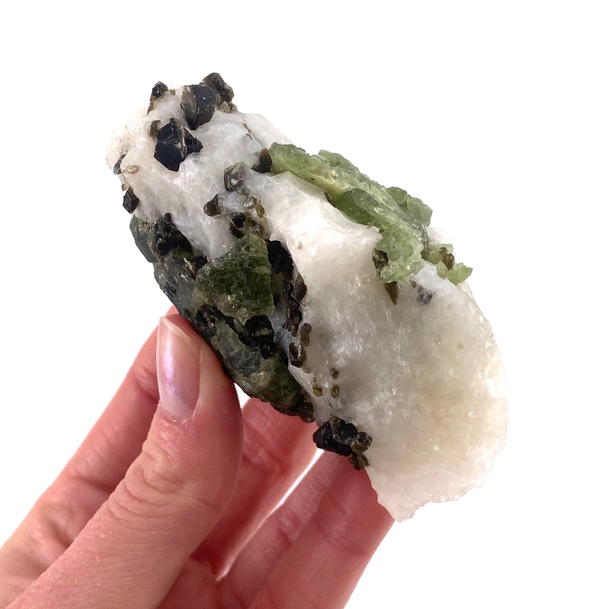 Diopside & Black Mica on Calcite (Afghanistan) | chrome diopside, diopside specimen, green diopside, diopside crystal, mineral specimen