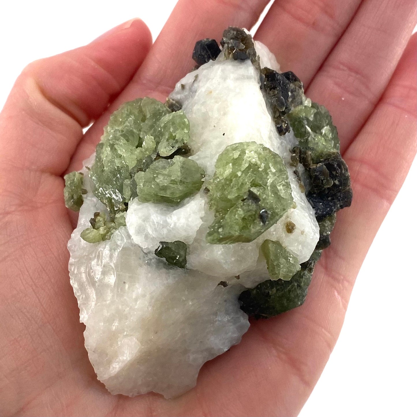 Diopside & Black Mica on Calcite (Afghanistan) | chrome diopside, diopside specimen, green diopside, diopside crystal, mineral specimen