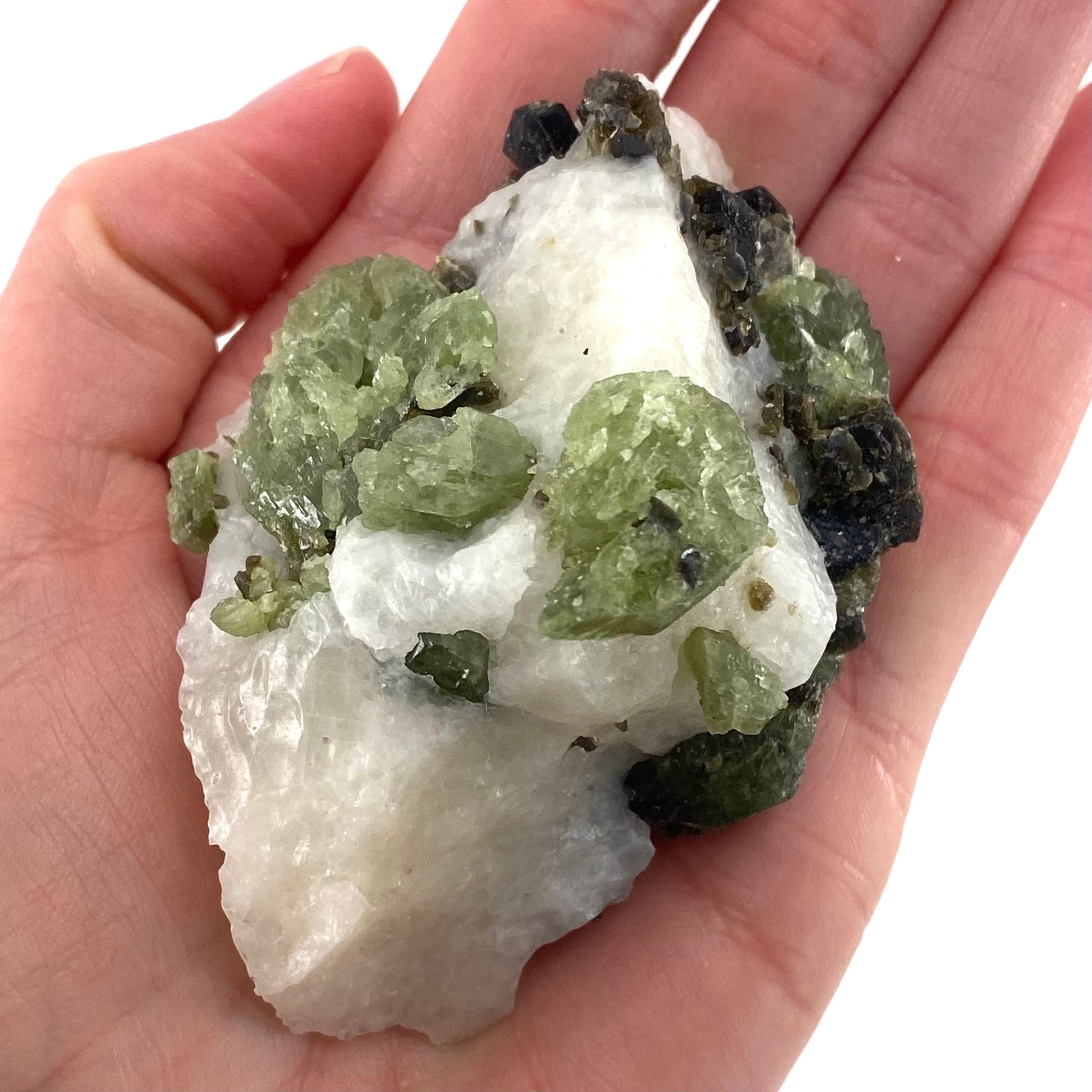 Diopside & Black Mica on Calcite (Afghanistan) | chrome diopside, diopside specimen, green diopside, diopside crystal, mineral specimen