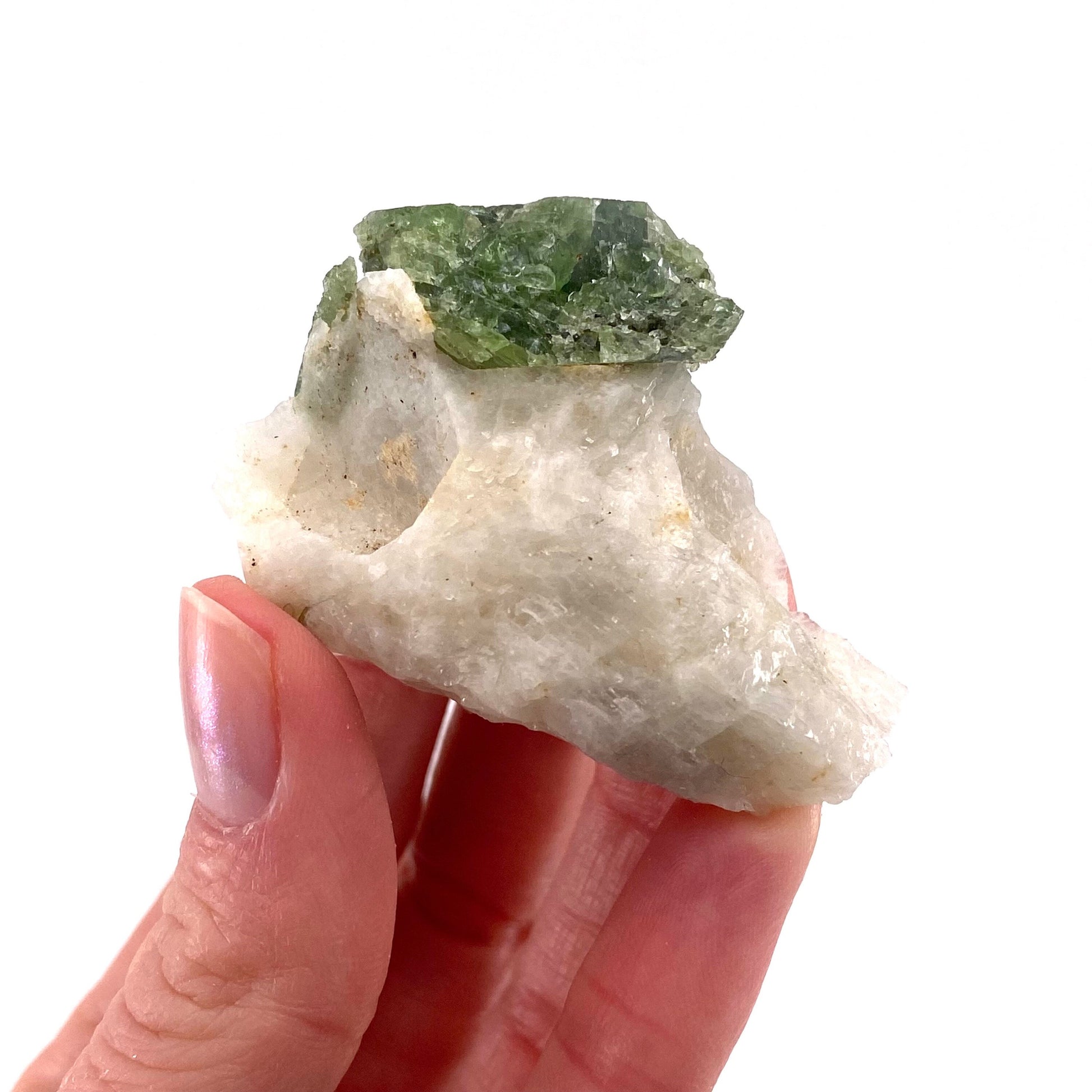 Diopside on Calcite (Afghanistan) | chrome diopside, diopside specimen, green diopside, diopside crystal, mineral specimen, crystal