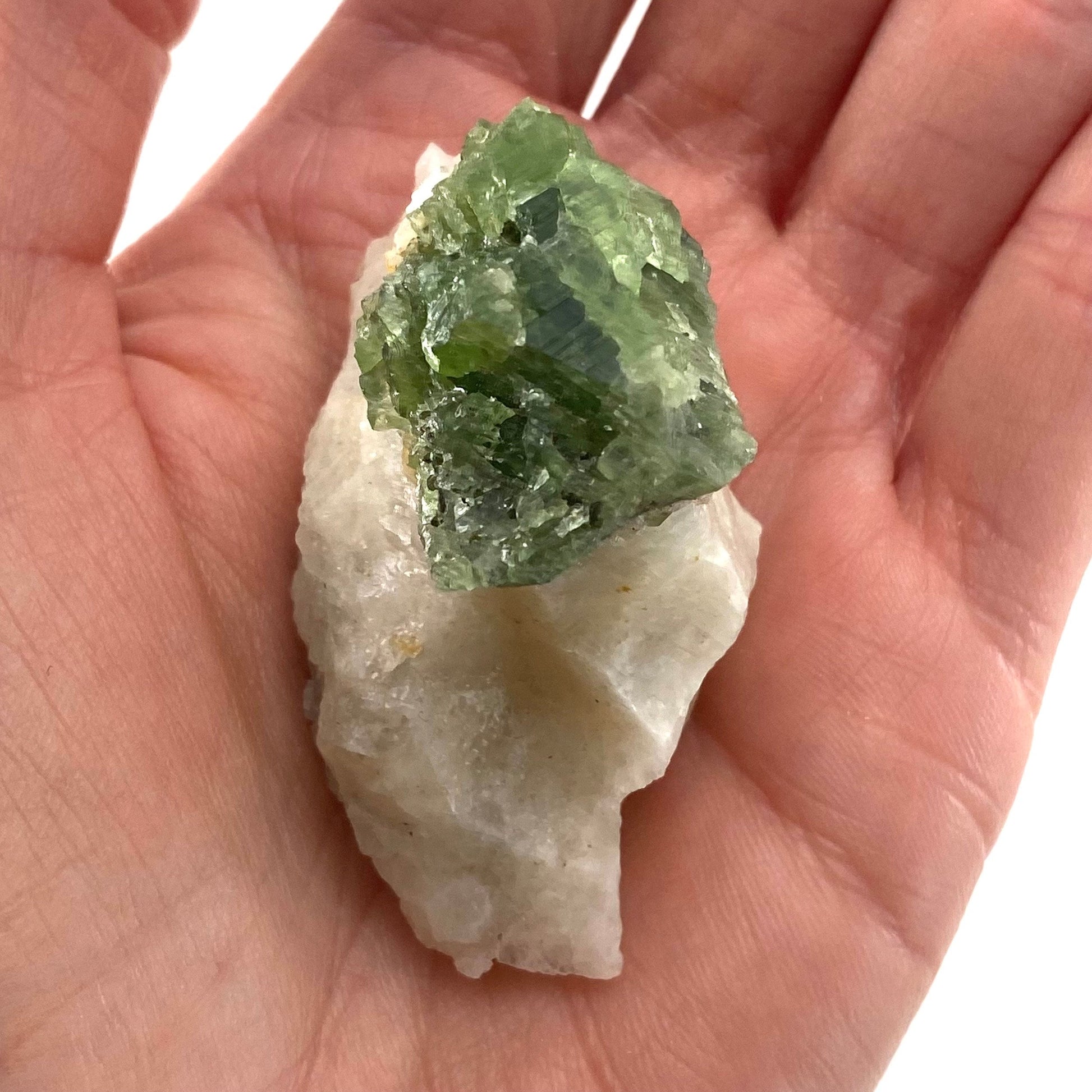Diopside on Calcite (Afghanistan) | chrome diopside, diopside specimen, green diopside, diopside crystal, mineral specimen, crystal