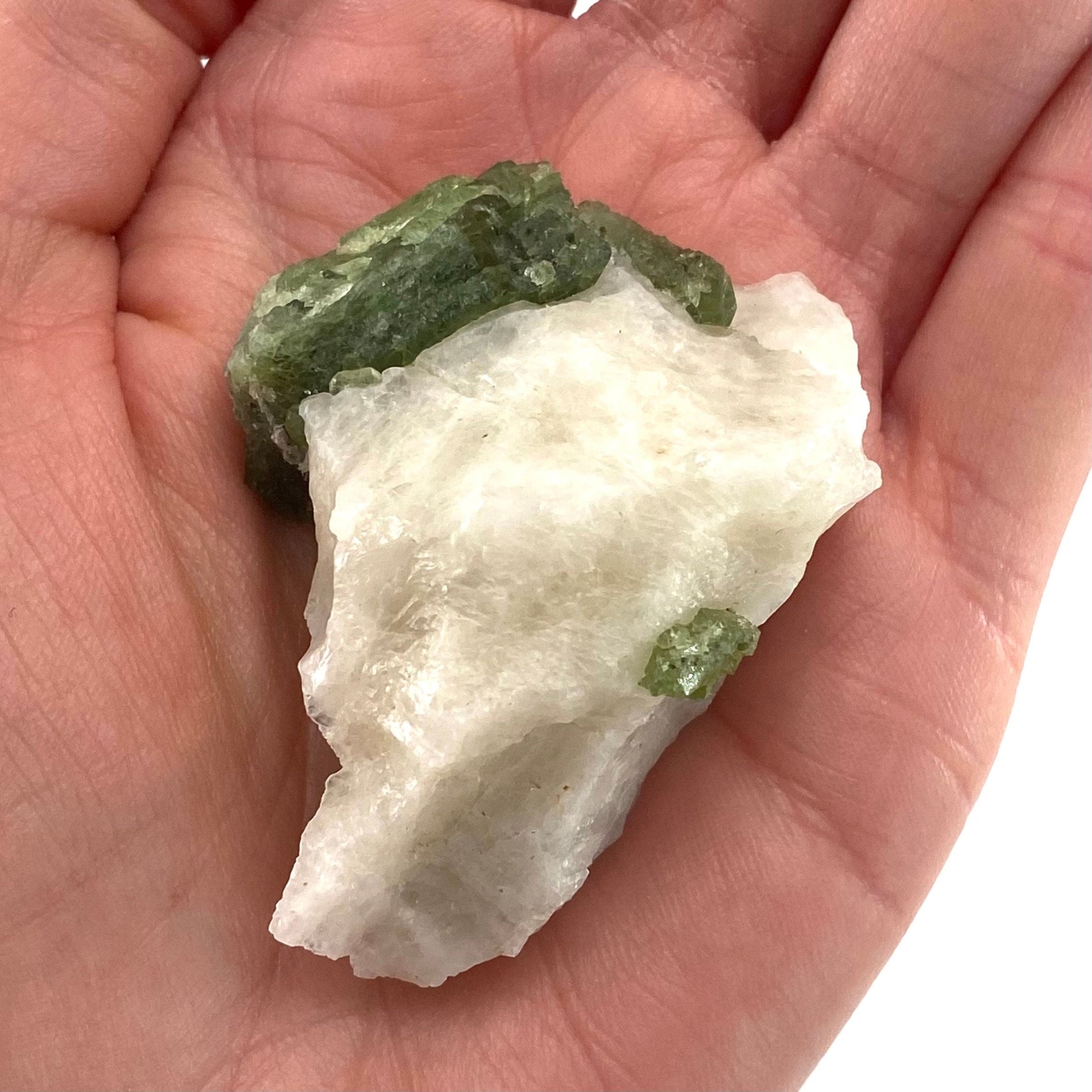 Diopside on Calcite (Afghanistan) | chrome diopside, diopside specimen, green diopside, diopside crystal, mineral specimen, crystal