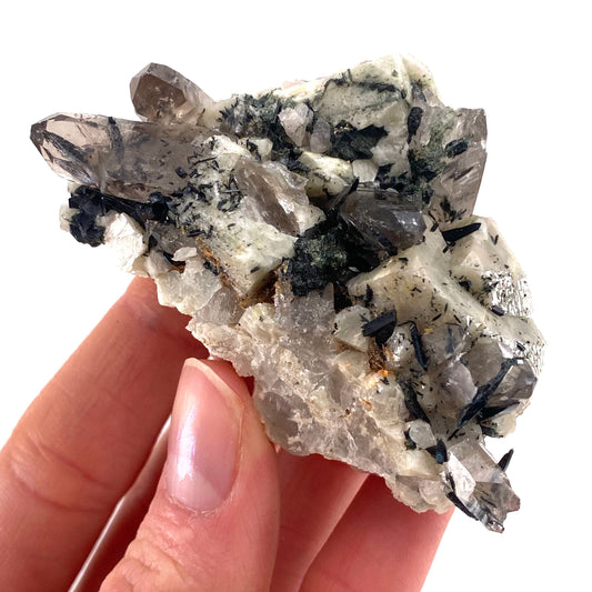 Smoky Quartz, Aegirine & Orthoclase (Malawi) | raw aegirine crystal, aegirine blade, smoky quartz crystal