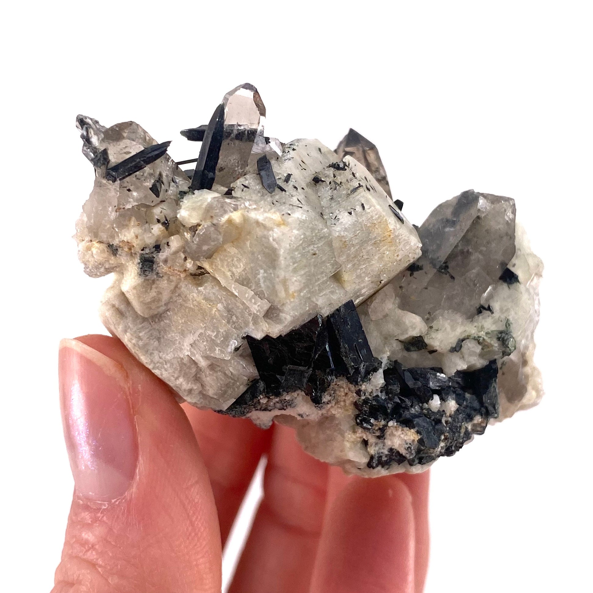 Smoky Quartz, Aegirine & Orthoclase (Malawi) | raw aegirine crystal, aegirine blade, smoky quartz crystal