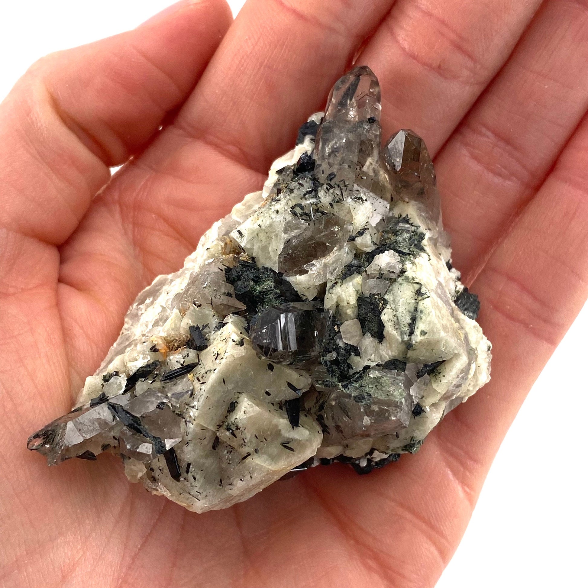 Smoky Quartz, Aegirine & Orthoclase (Malawi) | raw aegirine crystal, aegirine blade, smoky quartz crystal