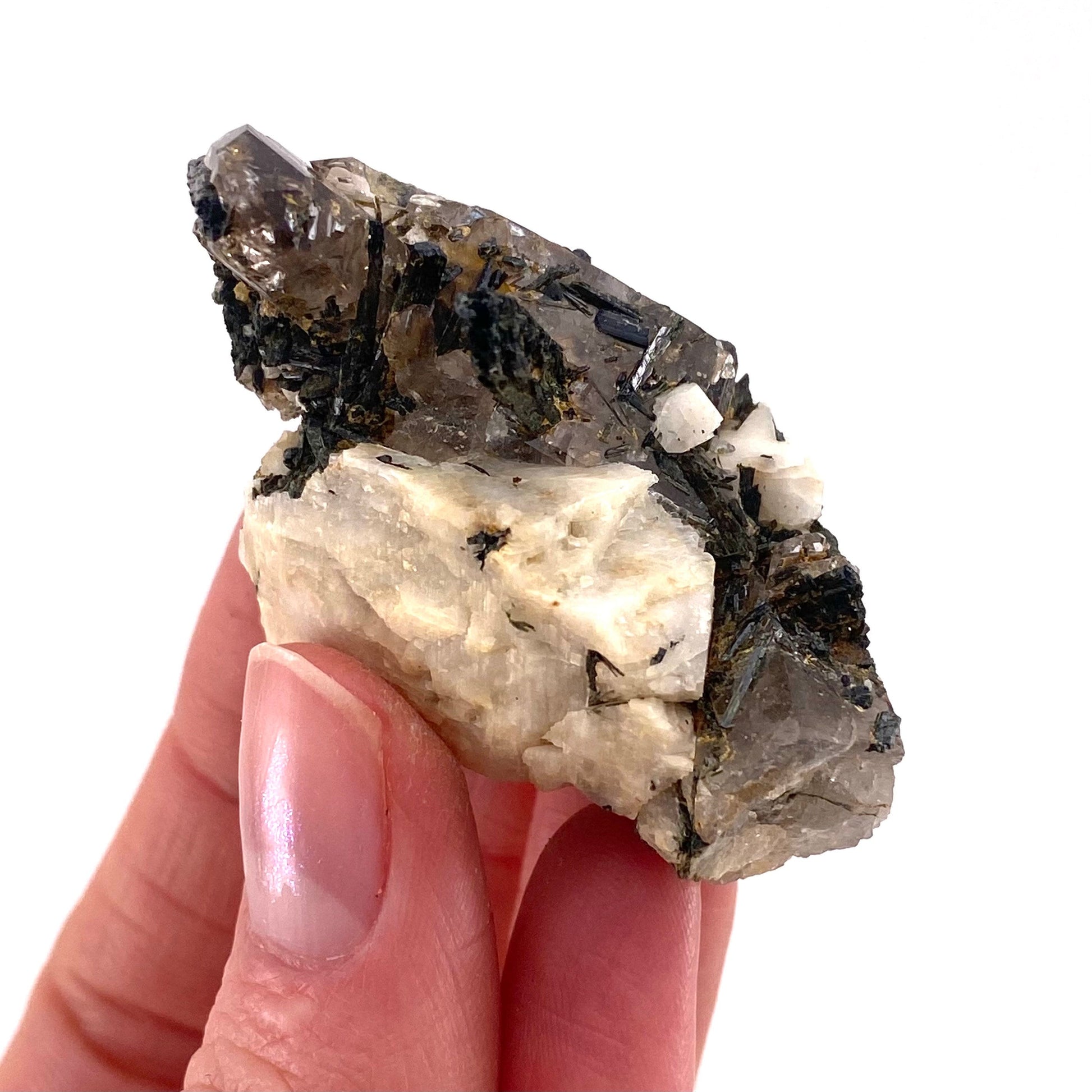Aegirine with Smoky Quartz & Orthoclase (Malawi) | raw aegirine crystal, aegirine blade, smoky quartz crystal
