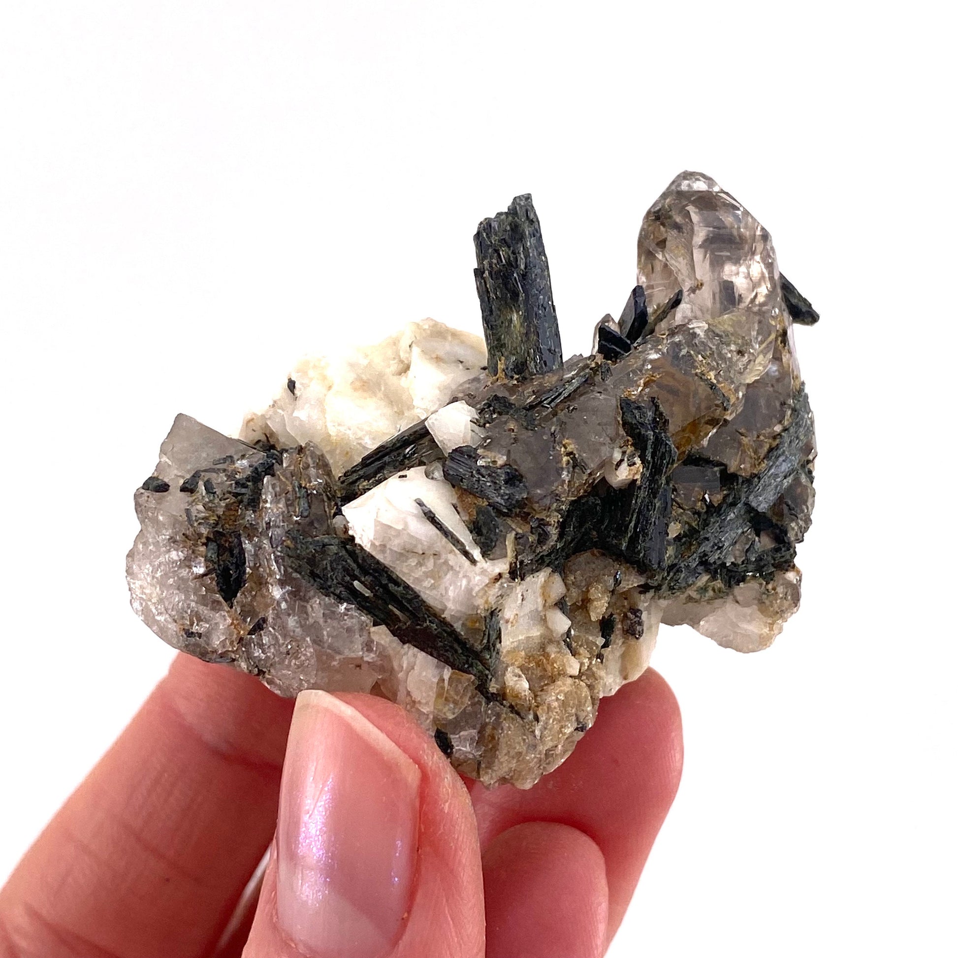 Aegirine with Smoky Quartz & Orthoclase (Malawi) | raw aegirine crystal, aegirine blade, smoky quartz crystal
