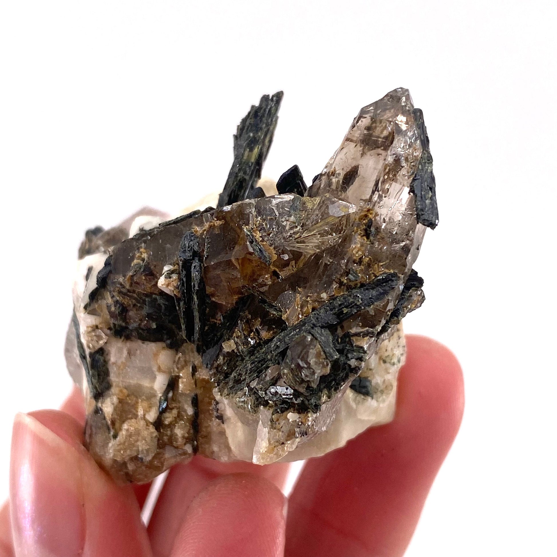 Aegirine with Smoky Quartz & Orthoclase (Malawi) | raw aegirine crystal, aegirine blade, smoky quartz crystal