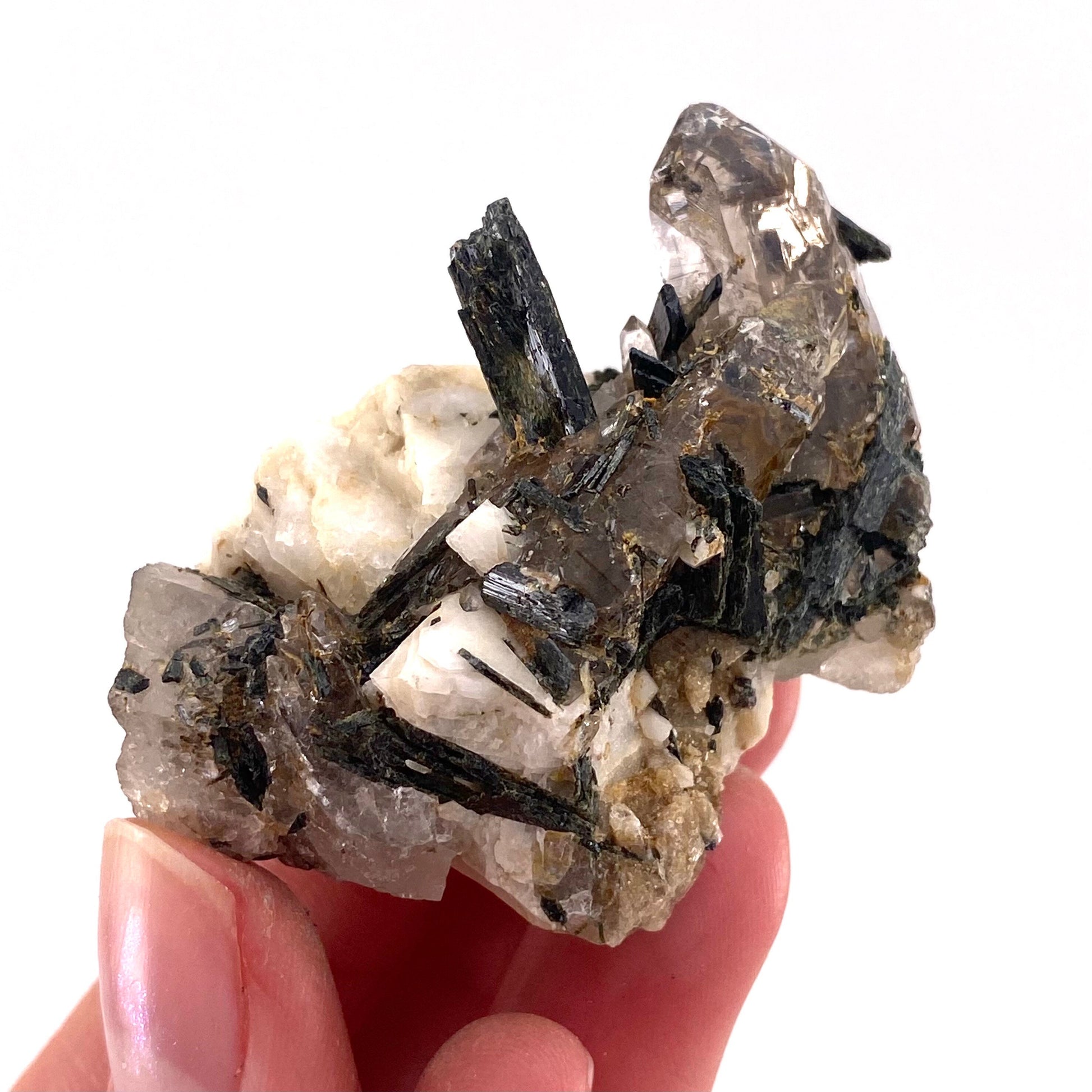 Aegirine with Smoky Quartz & Orthoclase (Malawi) | raw aegirine crystal, aegirine blade, smoky quartz crystal