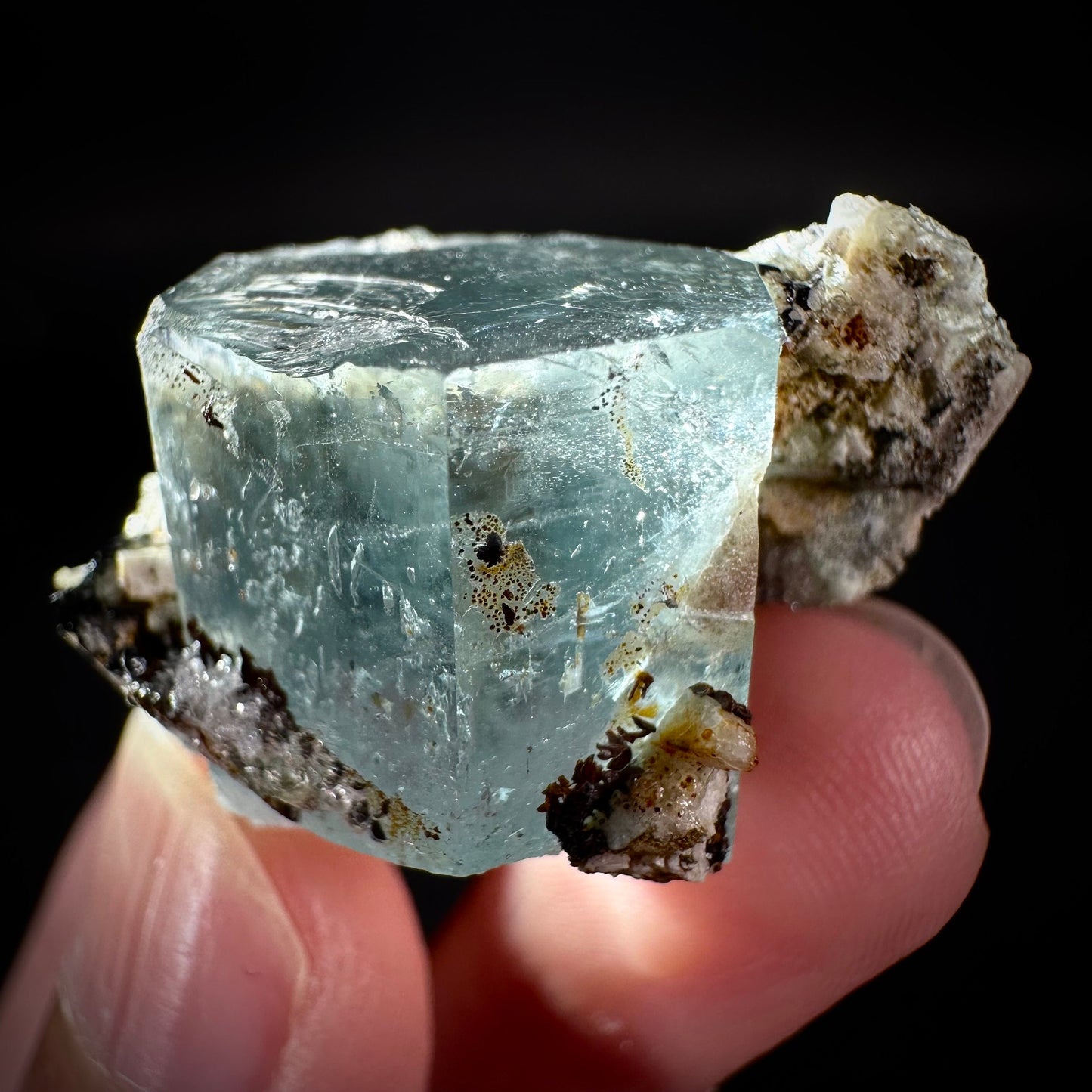 Hyalite Opal on Aquamarine (Namibia), UV reactive hyalite opal, aquamarine crystal, rare minerals, rare crystals, fluorescent crystal
