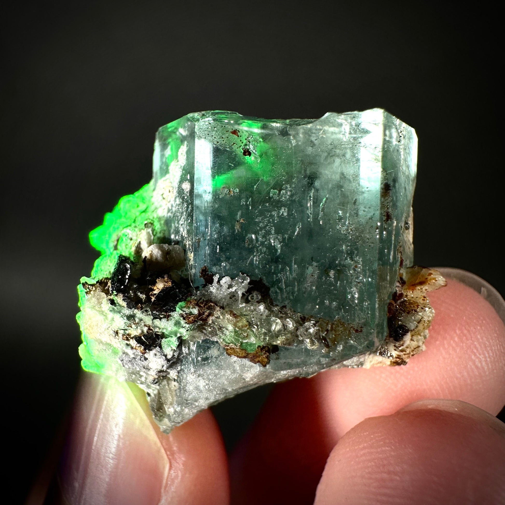 Hyalite Opal on Aquamarine (Namibia), UV reactive hyalite opal, aquamarine crystal, rare minerals, rare crystals, fluorescent crystal