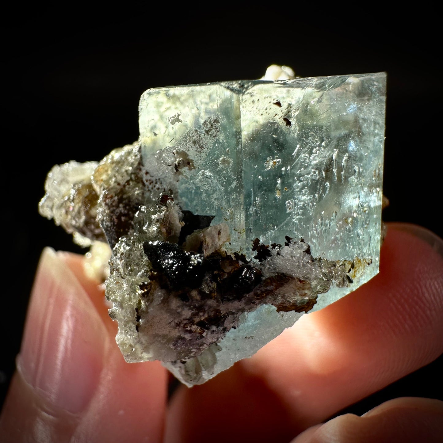 Hyalite Opal on Aquamarine (Namibia), UV reactive hyalite opal, aquamarine crystal, rare minerals, rare crystals, fluorescent crystal