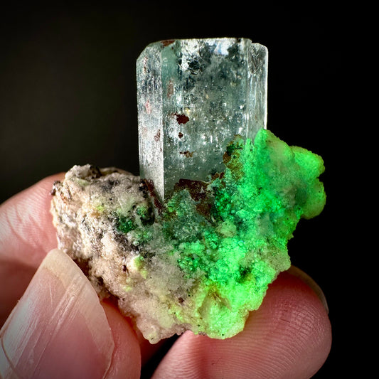 Hyalite Opal on Aquamarine (Namibia), UV reactive hyalite opal, aquamarine crystal, rare minerals, rare crystals, fluorescent crystal