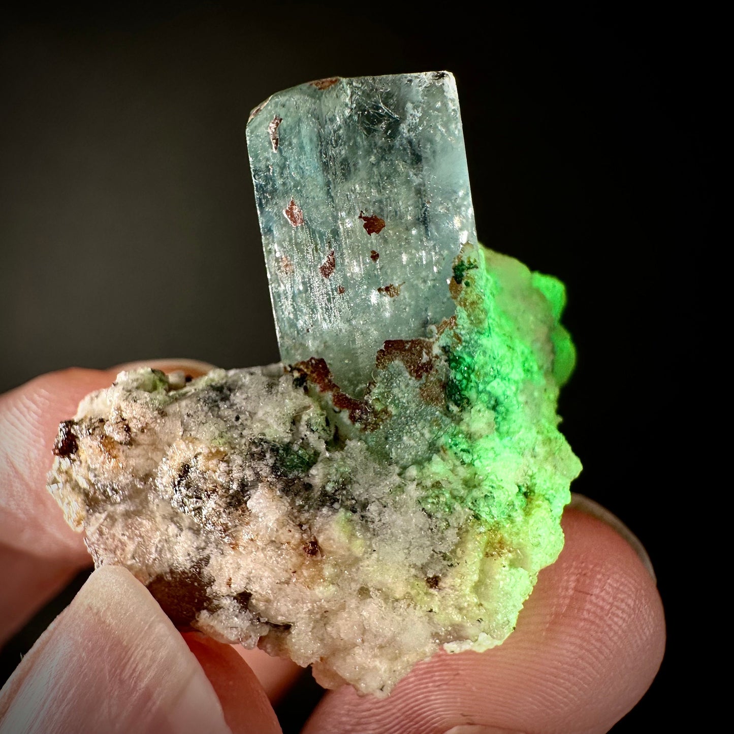 Hyalite Opal on Aquamarine (Namibia), UV reactive hyalite opal, aquamarine crystal, rare minerals, rare crystals, fluorescent crystal