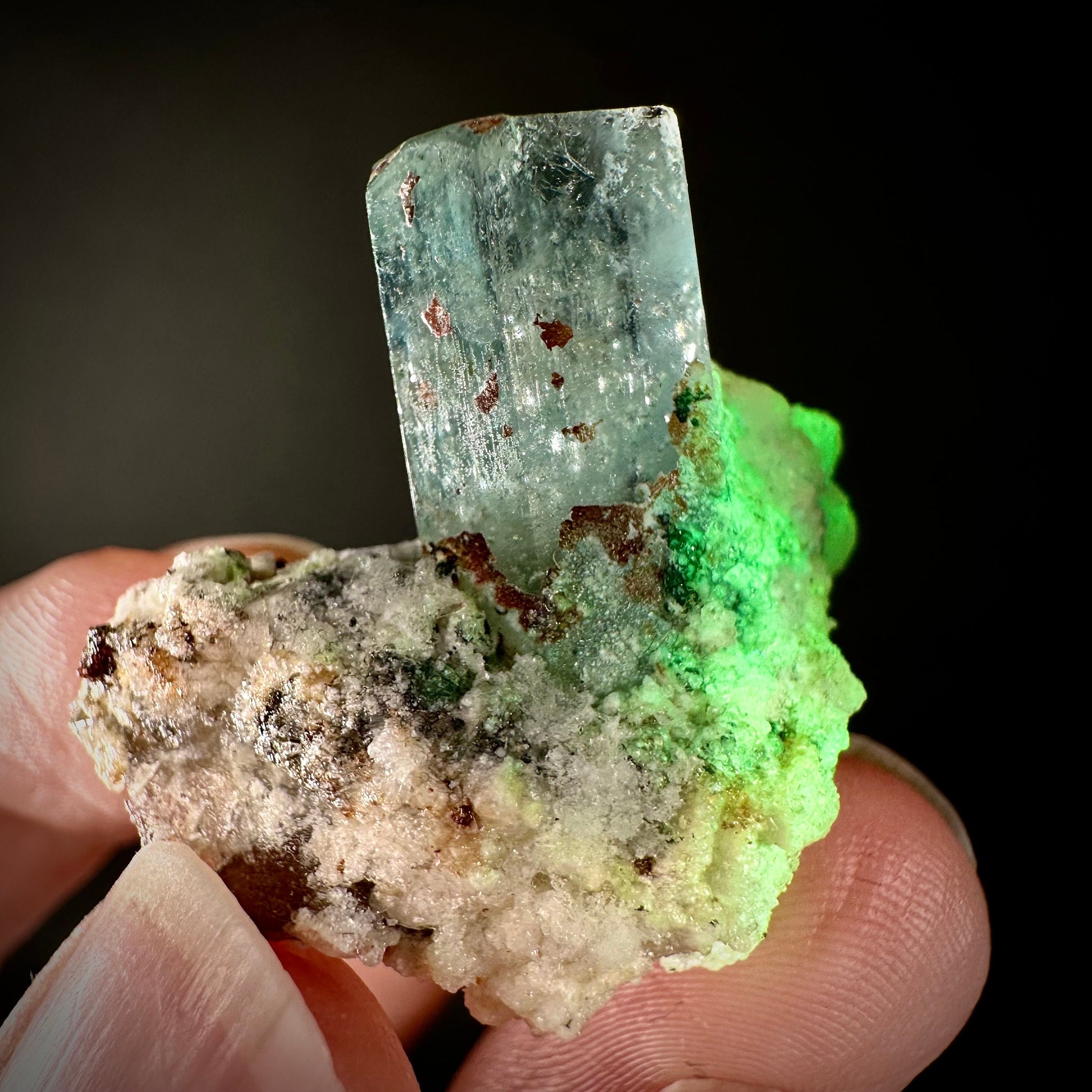 Hyalite Opal on Aquamarine (Namibia), UV reactive hyalite opal, aquamarine crystal, rare minerals, rare crystals, fluorescent crystal