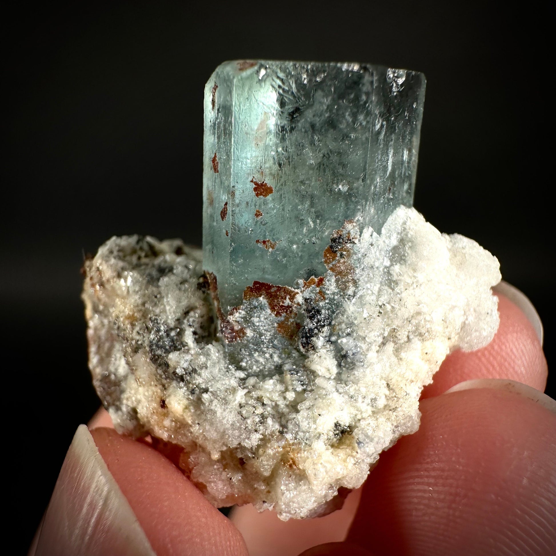 Hyalite Opal on Aquamarine (Namibia), UV reactive hyalite opal, aquamarine crystal, rare minerals, rare crystals, fluorescent crystal