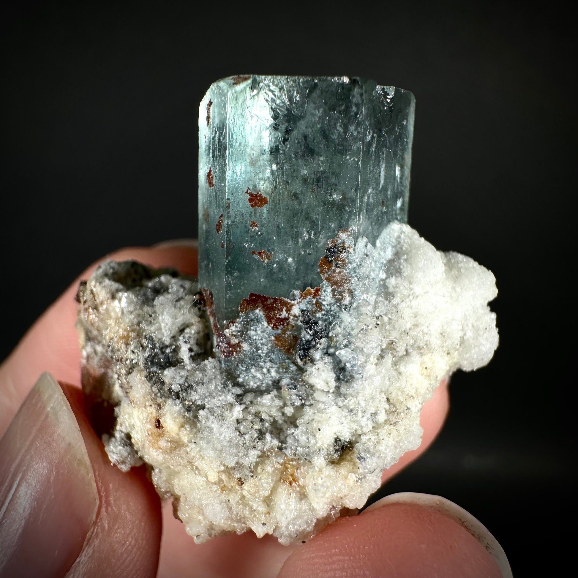 Hyalite Opal on Aquamarine (Namibia), UV reactive hyalite opal, aquamarine crystal, rare minerals, rare crystals, fluorescent crystal
