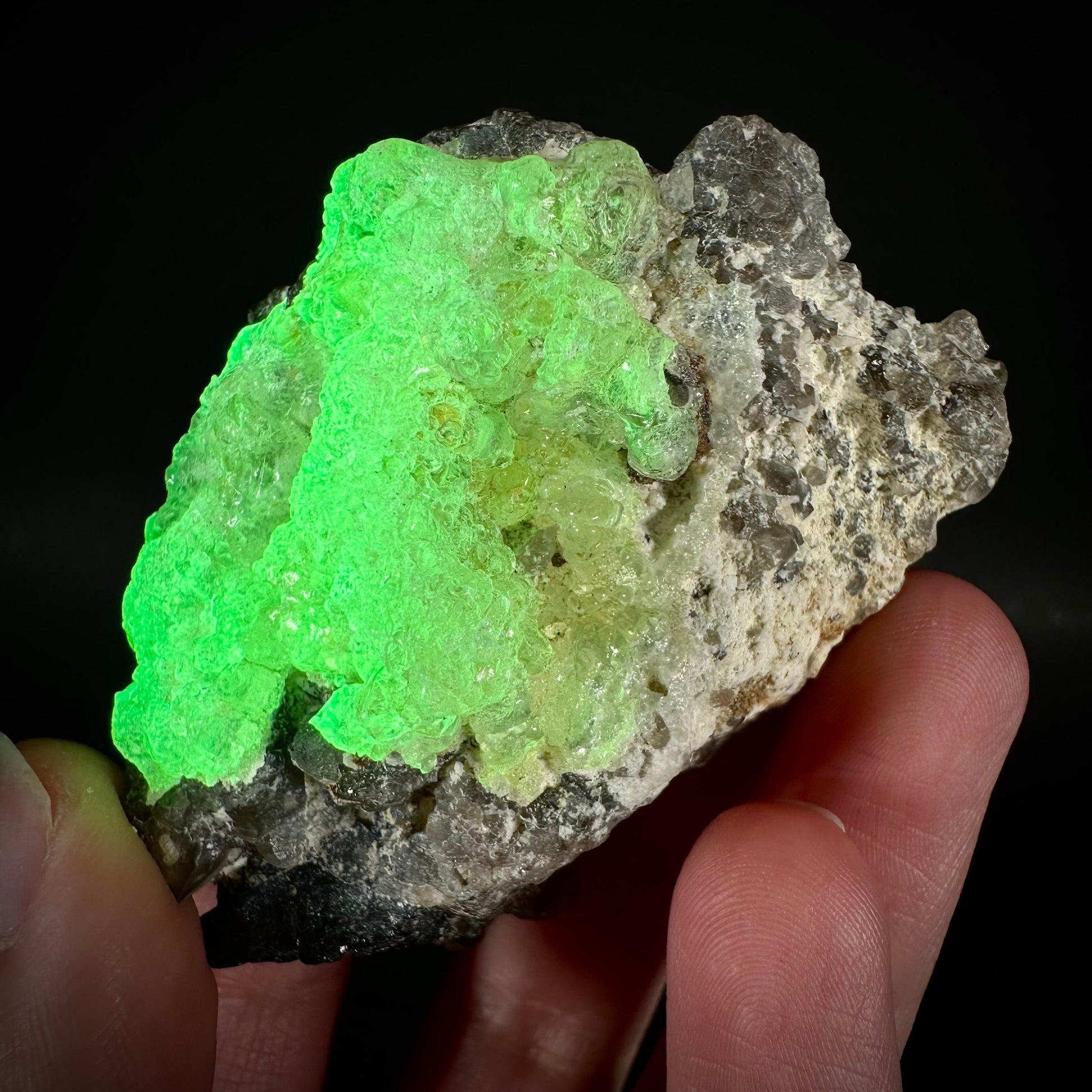 Hyalite Opal on Smoky Quartz (Namibia), UV reactive hyalite opal, smoky quartz crystal, rare minerals, rare crystals, fluorescent crystals