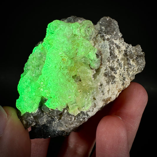 Hyalite Opal on Smoky Quartz (Namibia), UV reactive hyalite opal, smoky quartz crystal, rare minerals, rare crystals, fluorescent crystals